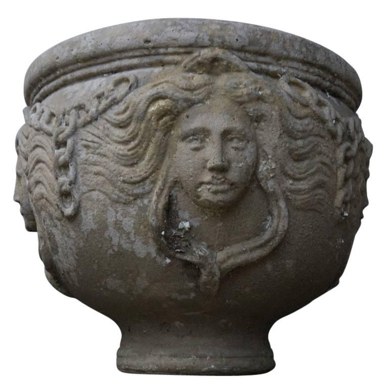 French Round Concrete Planter with the Goddess of Nature For Sale