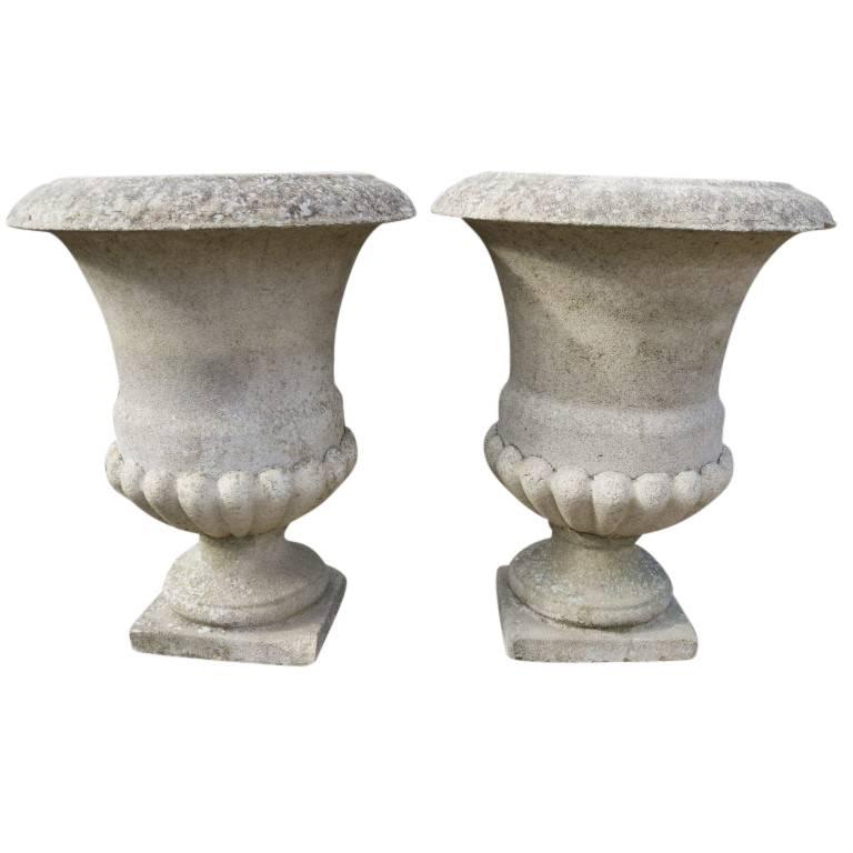 Vintage French Cast Stone Urns, circa 1940