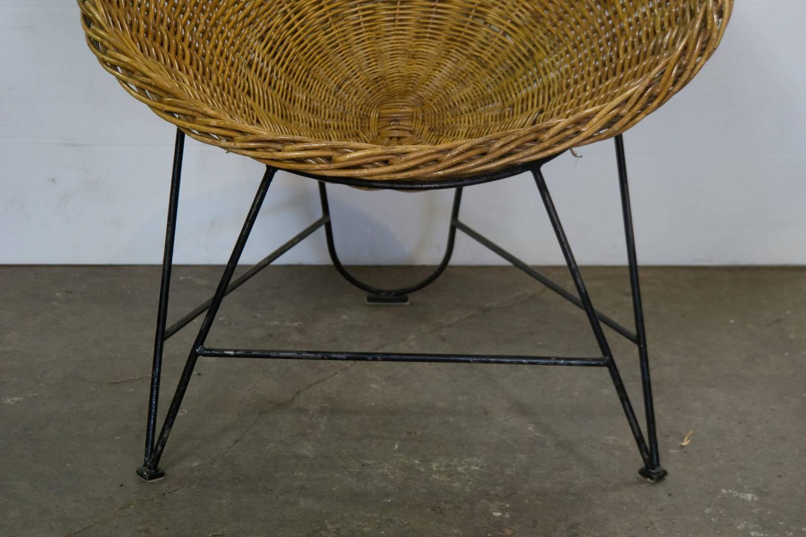 20th Century Midcentury French Wicker Chair on Iron Stand For Sale