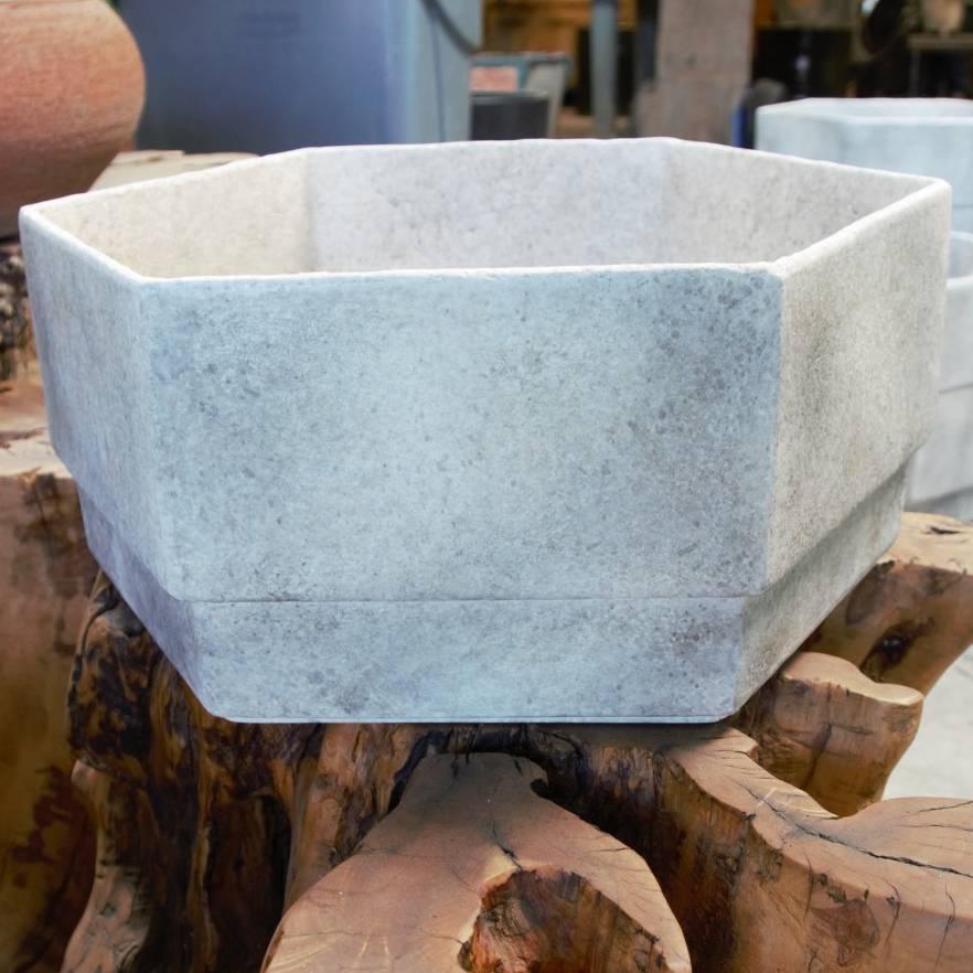 1-hex planter. Cast composite stone planter with applied finish. Color is hand-finish and can vary.