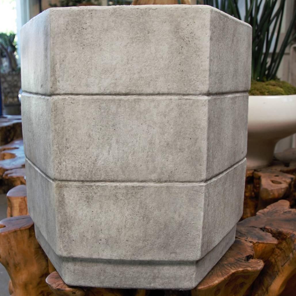 Three-hex planter. Cast composite stone planter with applied finish. Color is hand-finish and can vary.