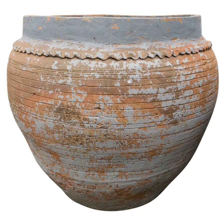 Spanish Terracotta Planter with Decorative Sculpted Lines and Worn Blue Glaze For Sale 1