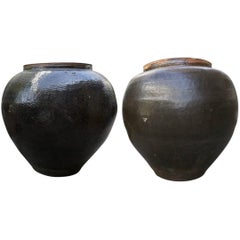 Pair of Monumental Stoneware Glazed Chinese Water Jars, circa 1920