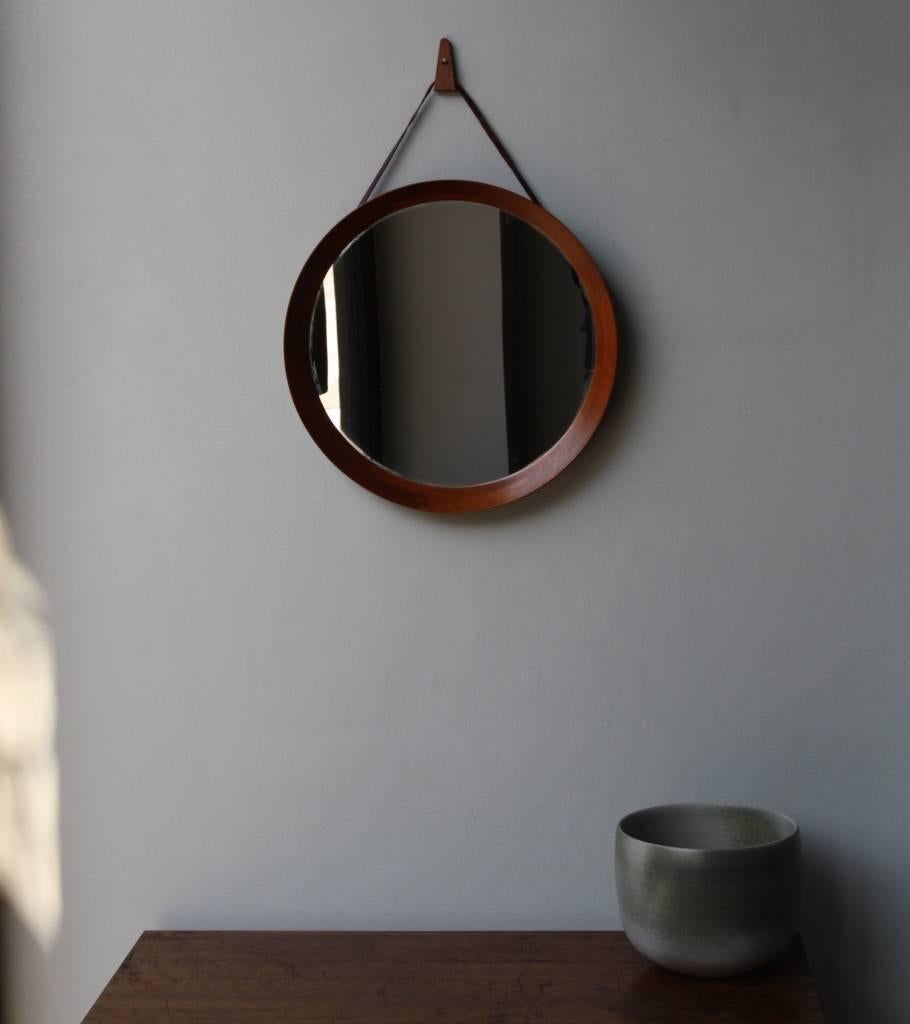 Carved Danish 1950s Round Wall Mirror