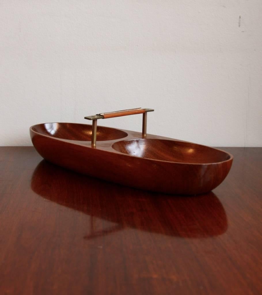 Hand-Carved Carl Aubock Teak and Brass Double Bowl