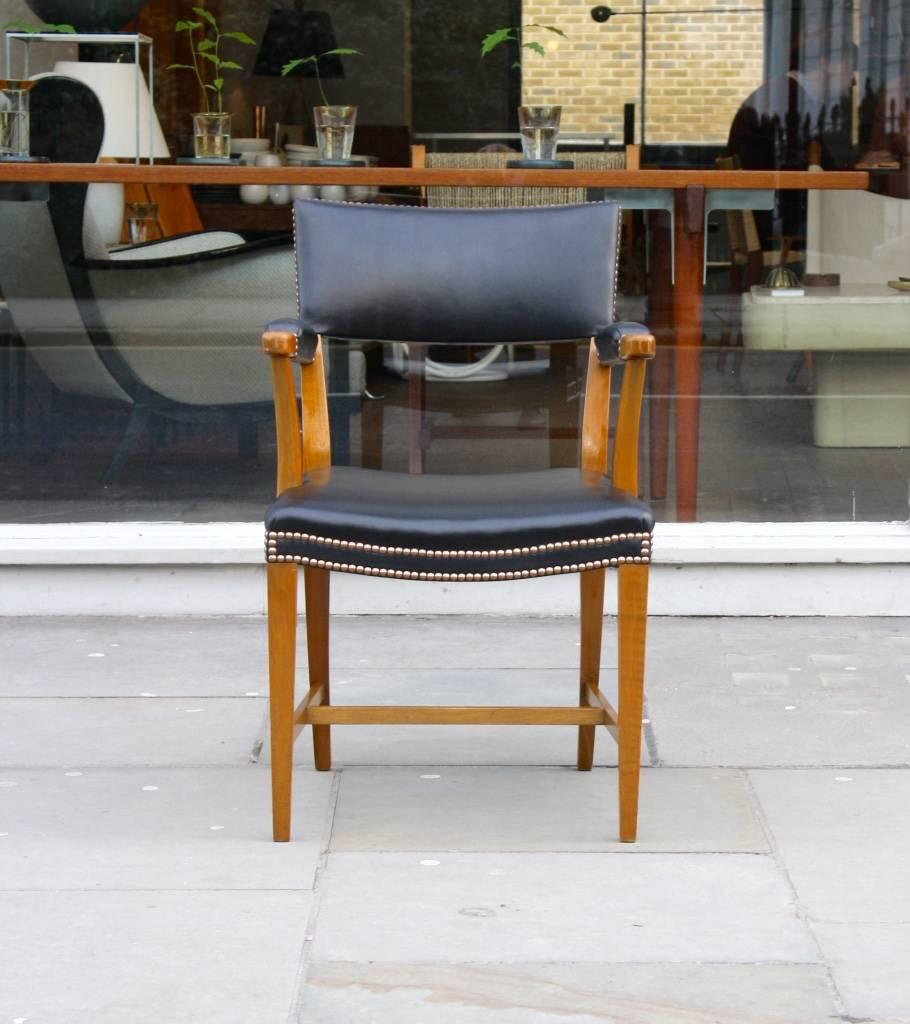 Designed in 1930s by Josef Frank for Svenskt Tenn. 
A wonderful desk chair with great beech frame and close-nailed black leather upholstery.