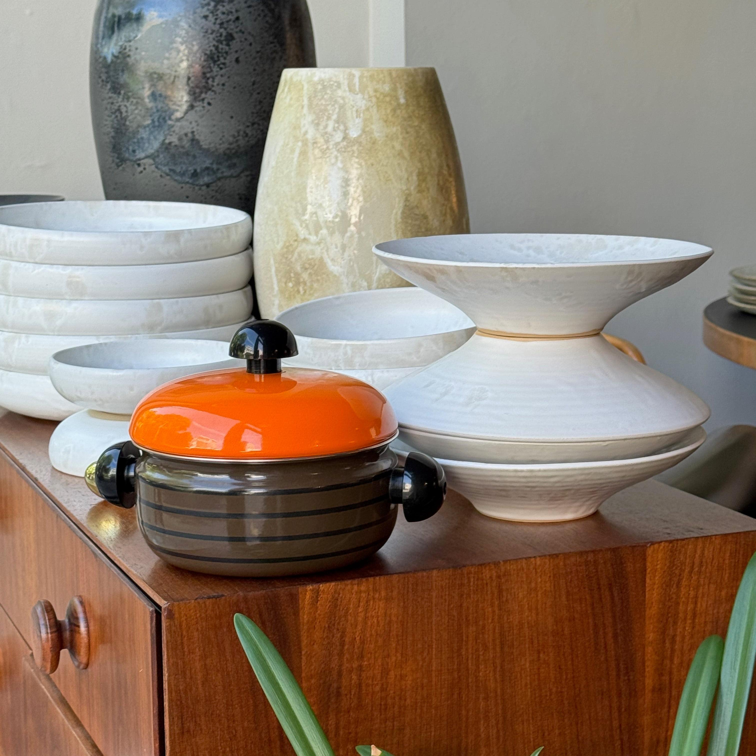Mid-Century Modern Brown & Orange Enamel Pot Carl Auböck III Riess, 1970s For Sale
