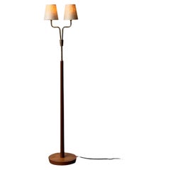 Twin-Head/ Brass & Teak Floor Lamp/ Denmark, 1950s