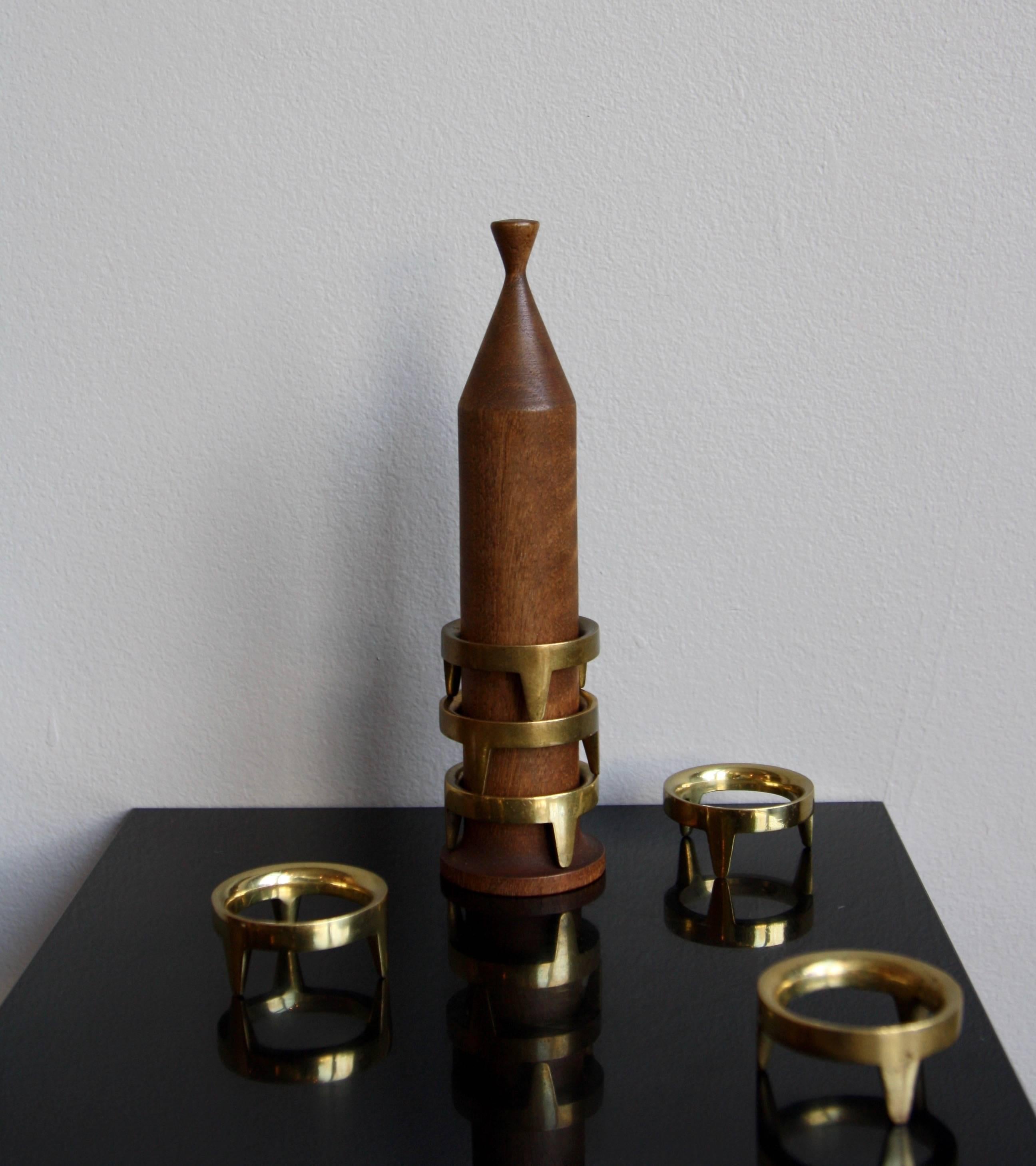 Carl Auböck ii Vintage 1950s Walnut TOTEM of Brass Egg Cups In Excellent Condition In London, GB