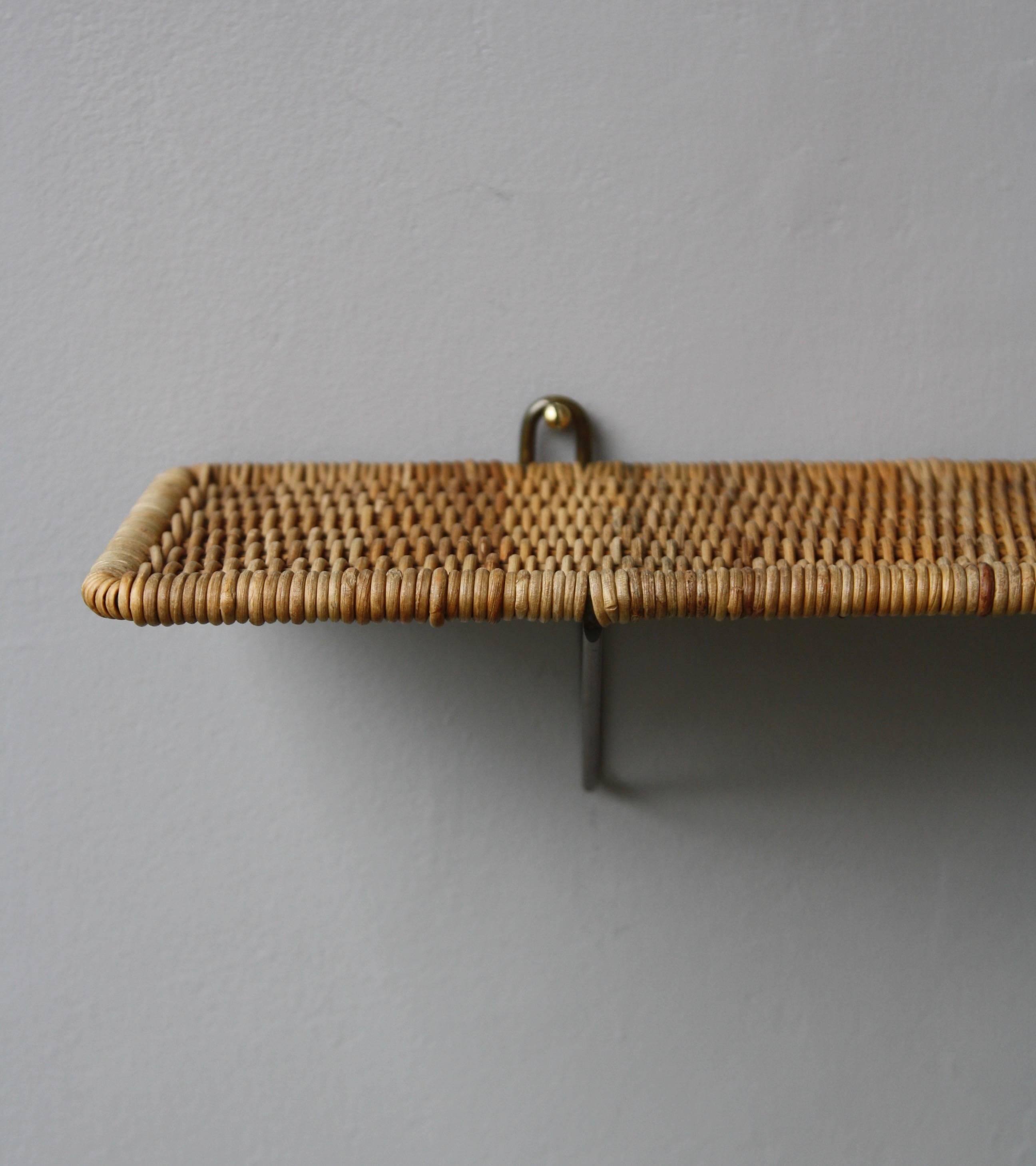 Austrian Carl Auböck II Vintage 1950s Wicker and Brass Floating Shelf