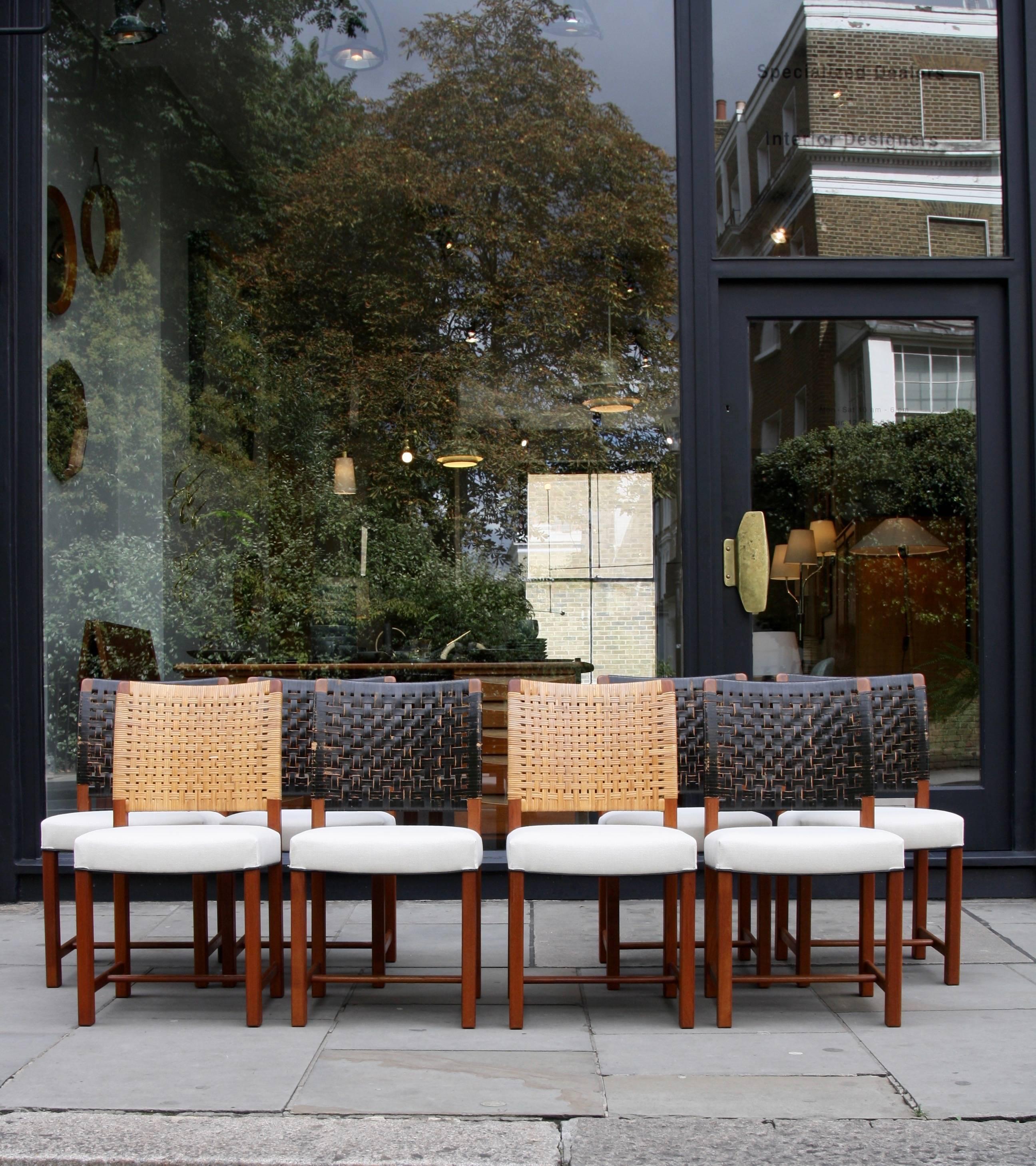 Mid-Century Modern Carl-Gustav Hiort af Ornäs 1950s Set of Six or Eight Cane/Leather Dining Chairs