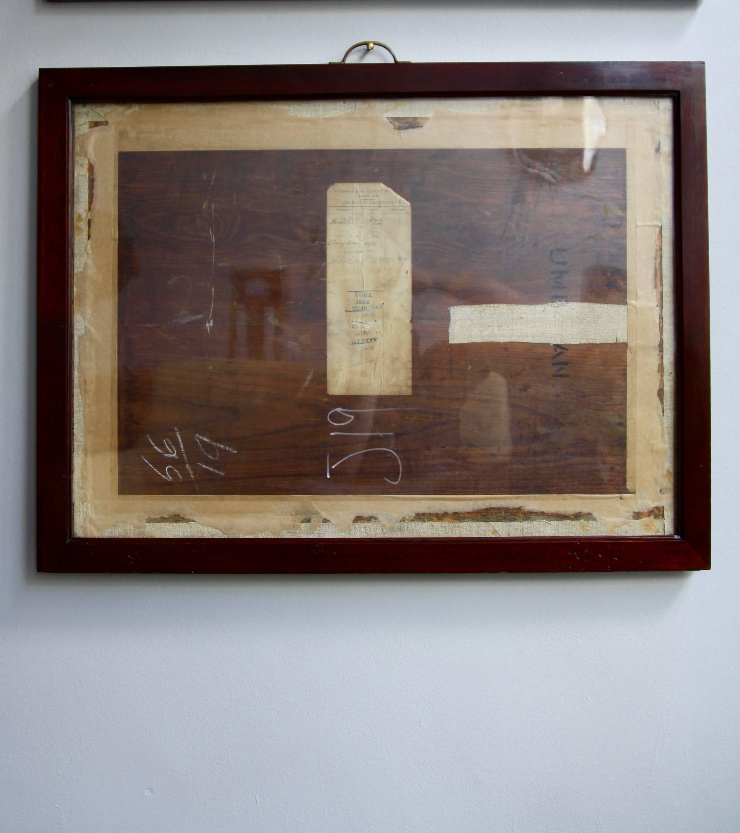 A solid mahogany wood frame with original handblown glass and brass handle. The frame comes from the Victoria and Albert Museum for whom it was made circa 1920. Intended to be trays/display cases for two-dimensional specimens that toured the United