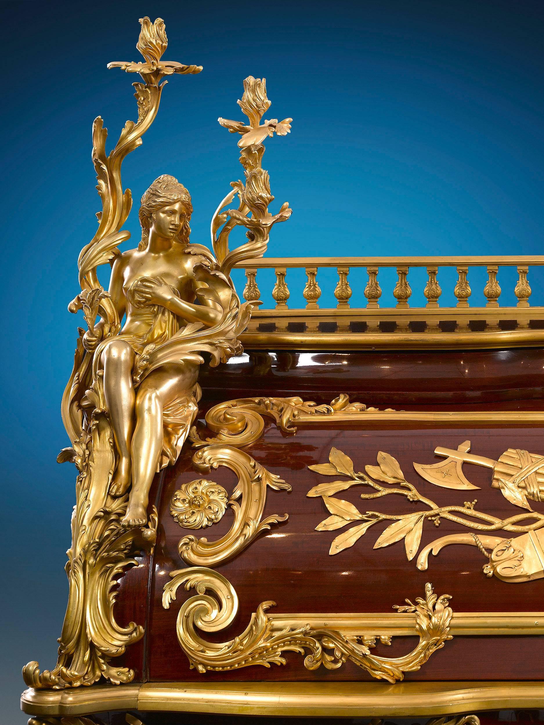 Inspired by the most famed Bureau du Roi (King’s desk) created for King Louis XV, this breathtaking interpretation of the royal secrétaire is one of only four known created by the celebrated ébéniste François Linke. While two are presumed to be