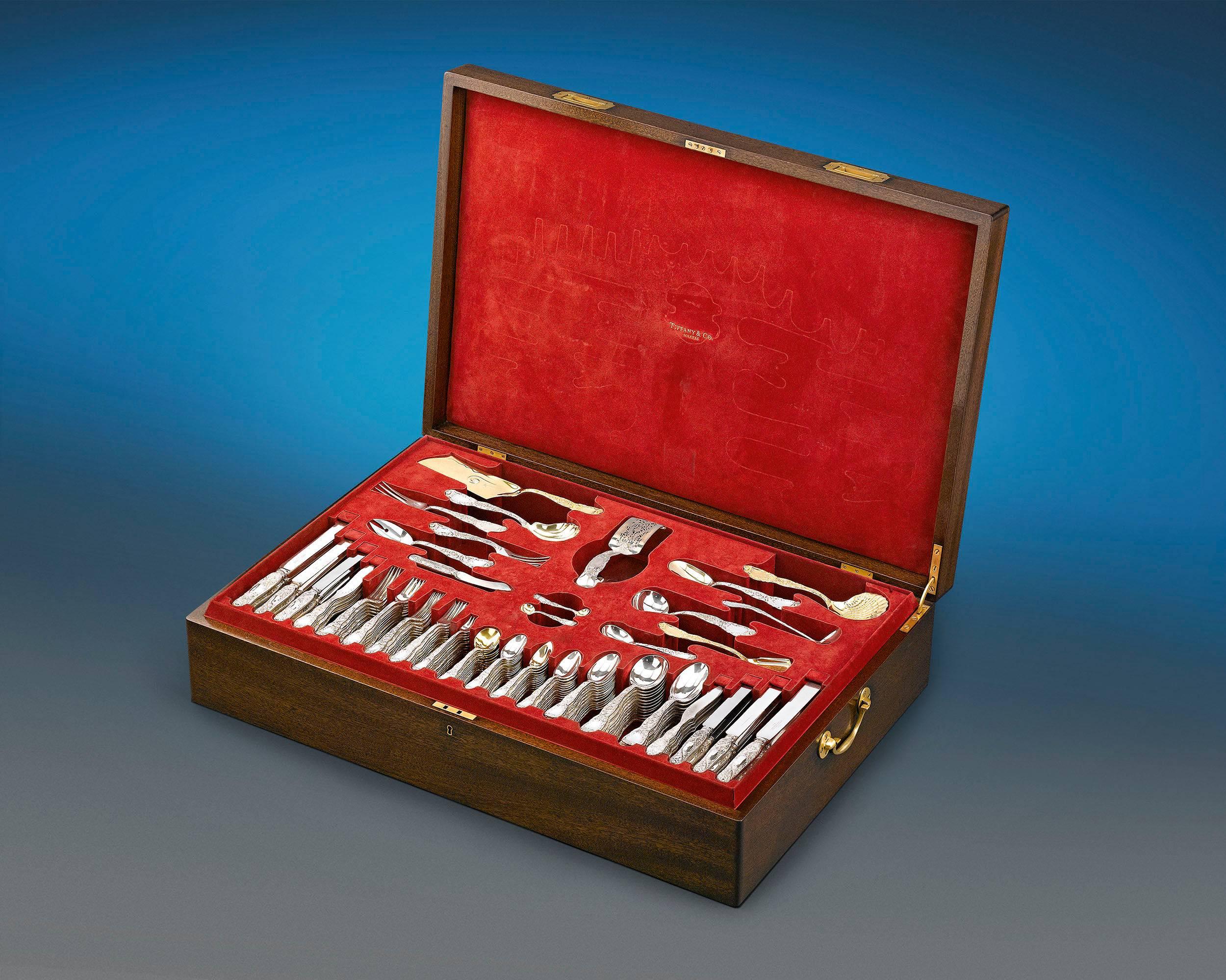 This exceptional 207-piece antique Tiffany & Co. sterling silver flatware service for 12 is crafted in the highly desirable <em>Chrysanthemum</em> pattern. Introduced in 1878 and patented in 1880, the <em>Chrysanthemum</em> pattern is considered