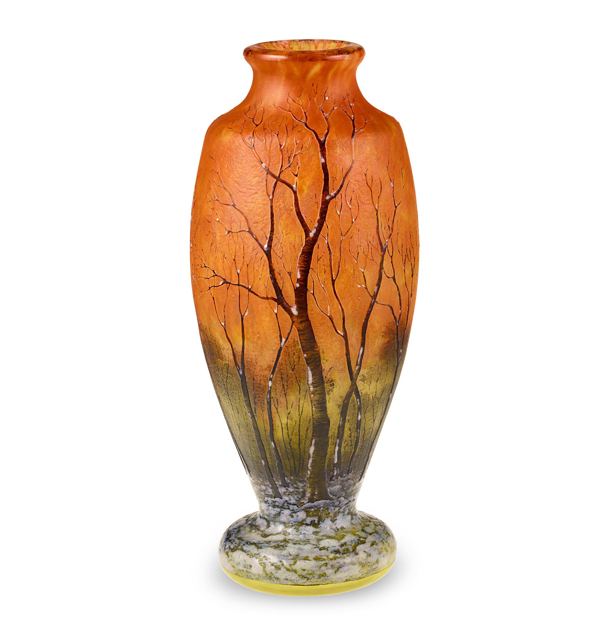 Etched Daum Nancy Paysage d’Hiver Vase For Sale