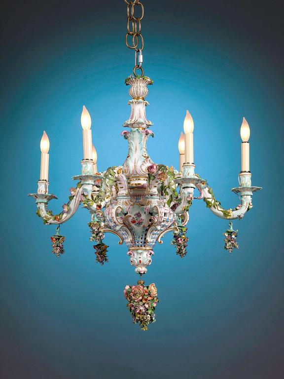 Meissen Porcelain Six-Light Rococo Style Chandelier In Excellent Condition In New Orleans, LA