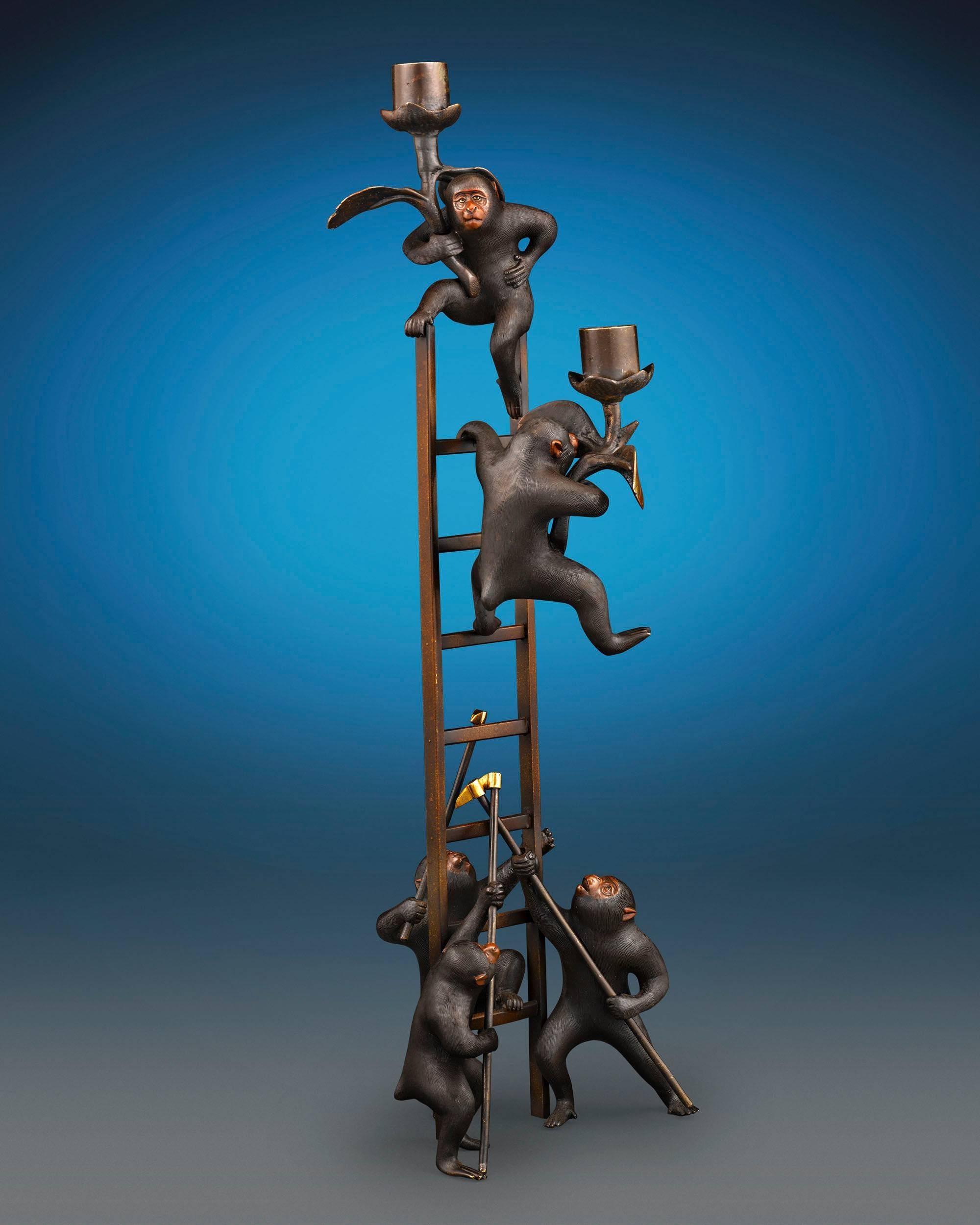 Meiji 19th Century Japanese Bronze Monkeys on a Ladder