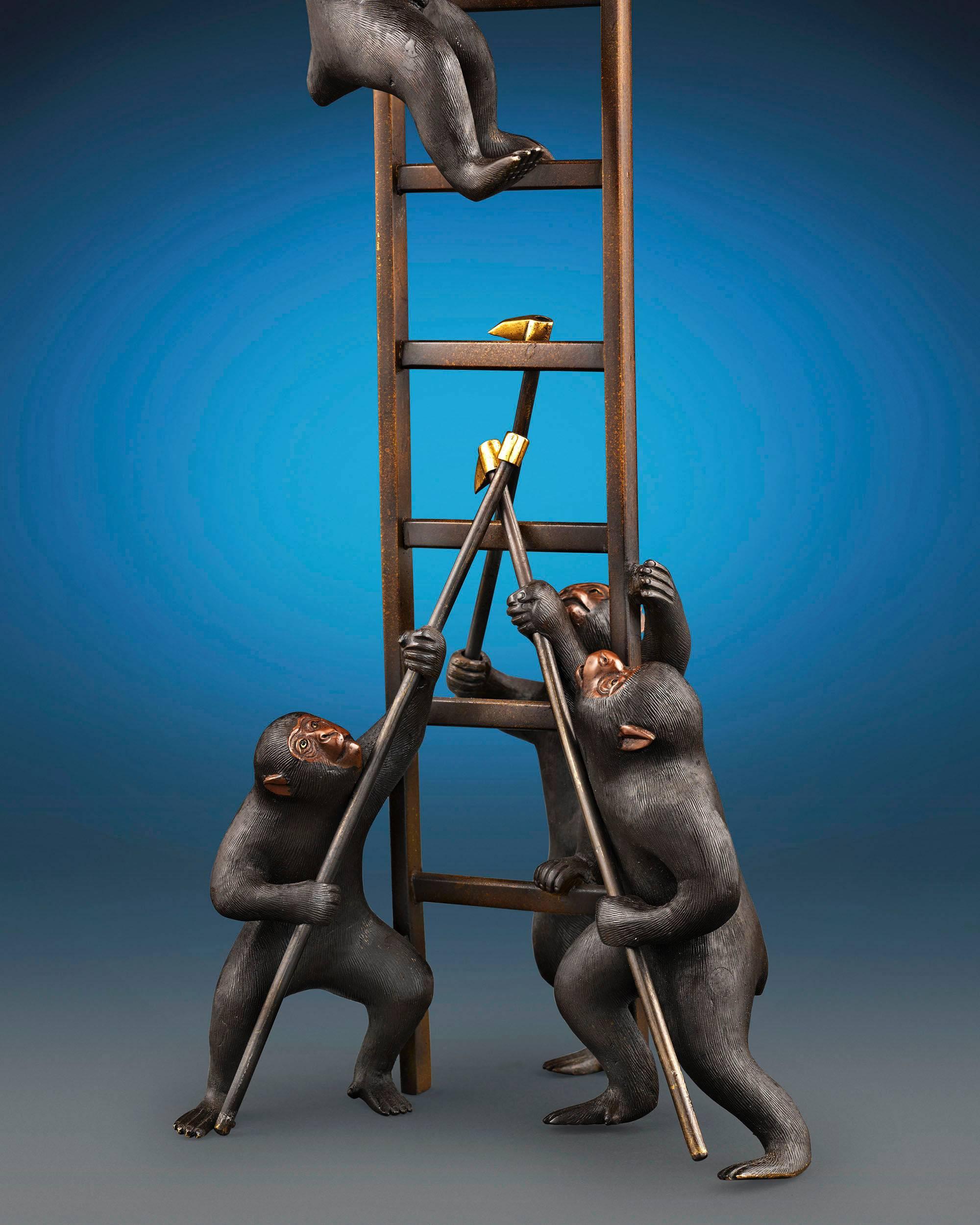 19th Century Japanese Bronze Monkeys on a Ladder In Excellent Condition In New Orleans, LA