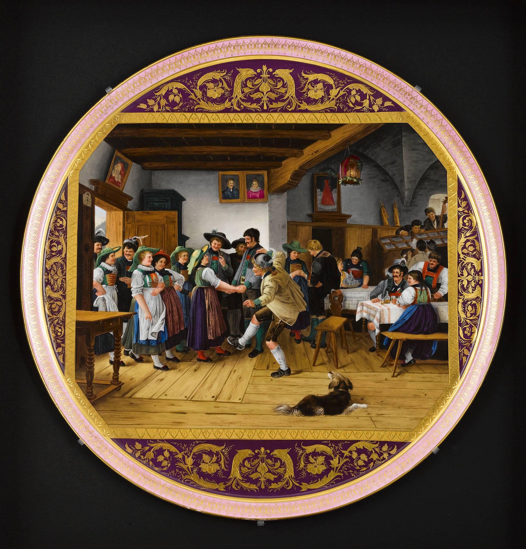 A wonderful large Vienna porcelain tray with a beautifully painted genre scene entitled 