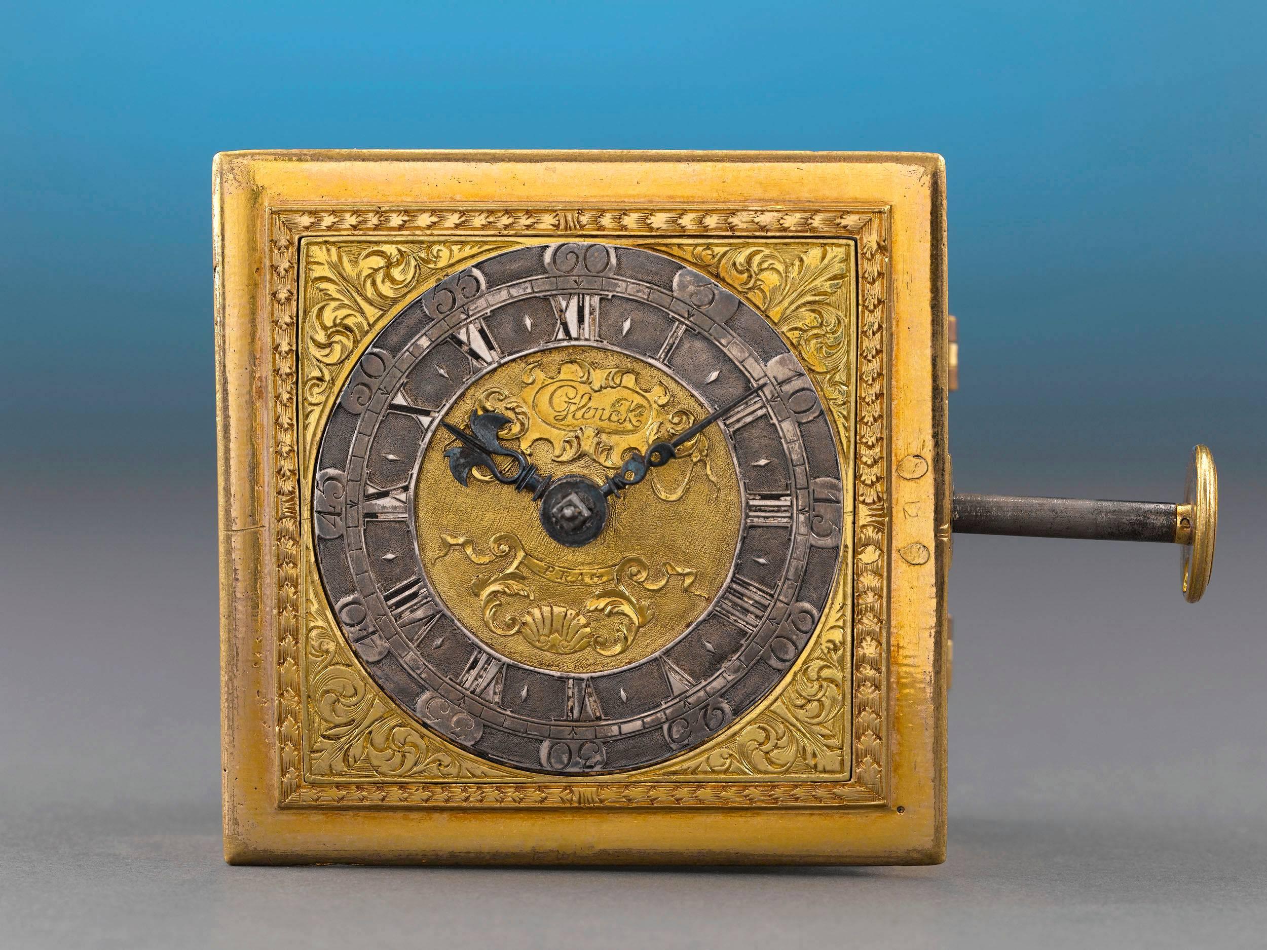 Crafted by Prague clockmaker Andreas Glenck, this rare and important horizontal table clock dates to the late Renaissance and has the ability to strike on the hour and quarter hour. This variety of square-form clock is one of the first spring-driven