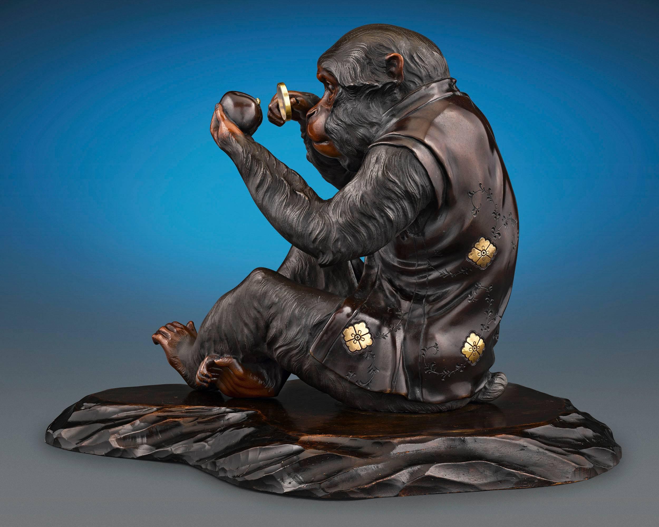This extraordinary Japanese bronze sculpture takes the form of a charming monkey inspecting a peach. Crafted during the artistically creative and prolific Meiji Period, this inquisitive primate has been sculpted with the utmost attention to detail.