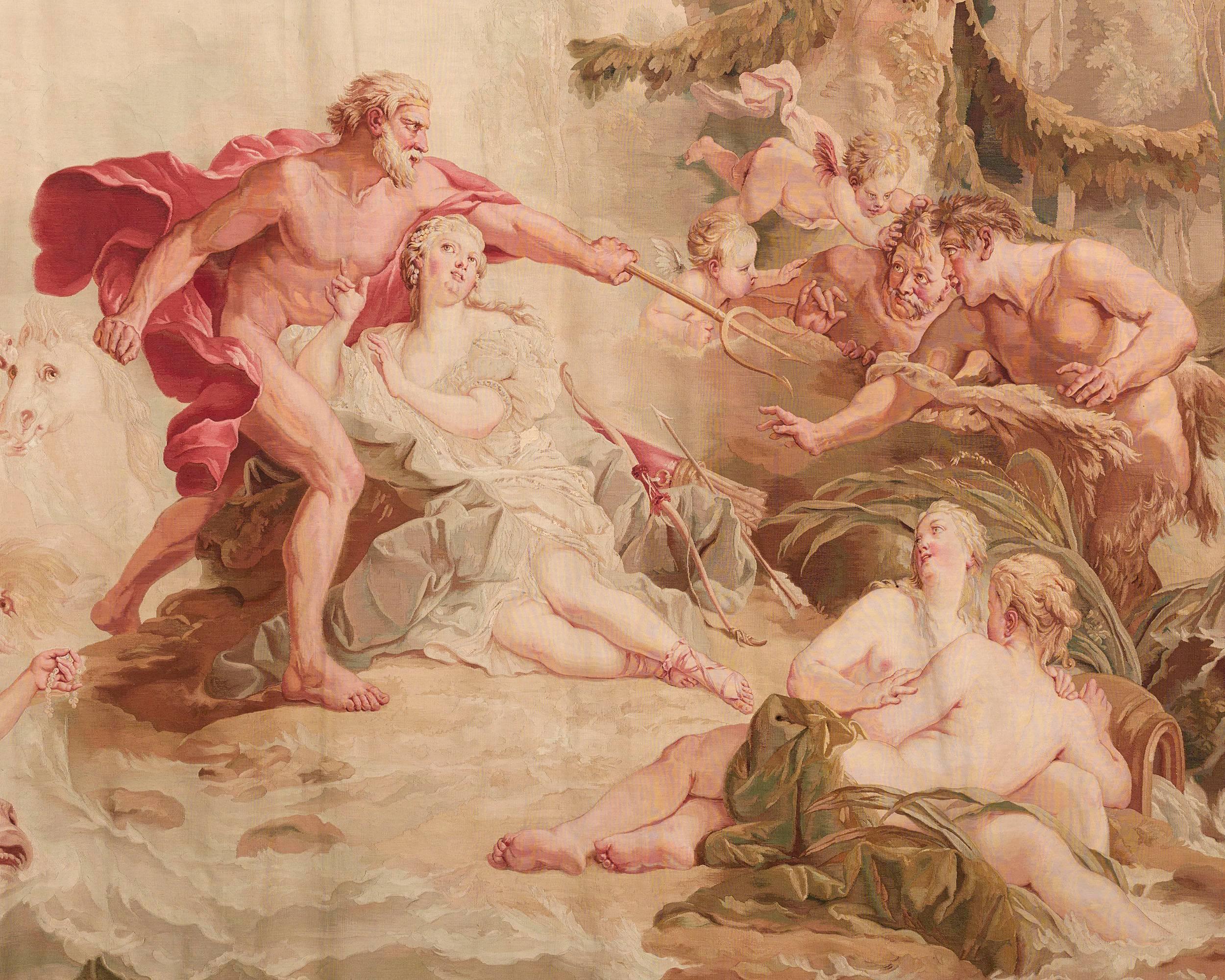 Monumental in size and exquisitely crafted, this extraordinary French tapestry was woven by the famed Aubusson manufactory. The stunning work was inspired by the Rococo master François Boucher's Neptune and Amymone: The Allegory of Water, which he