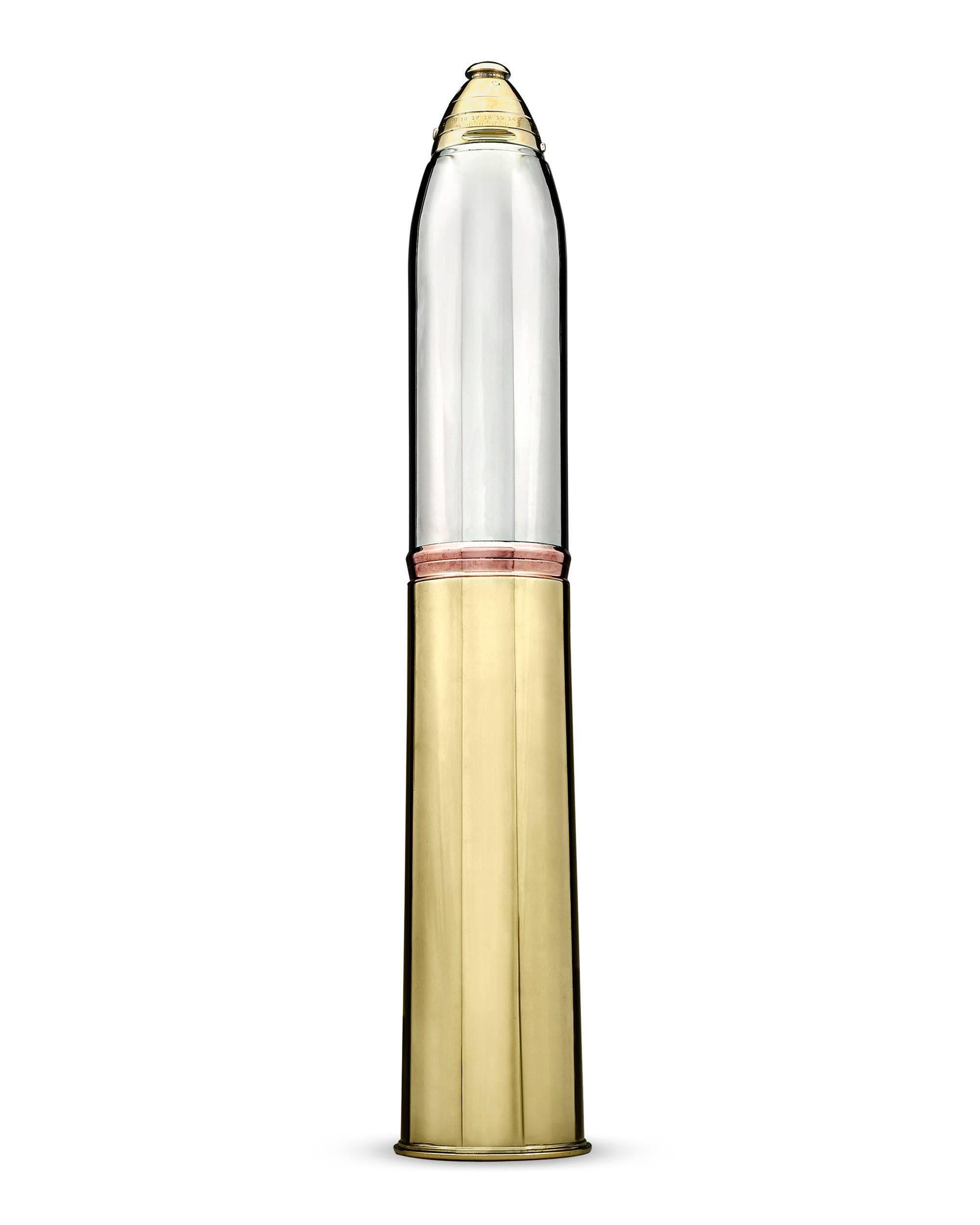 This incredibly rare artillery shell cocktail Shaker, crafted by the Gorham Silver Company, is one of the very few remaining of its kind with all of its original parts. Sleek and aerodynamic, the Shaker is one of the tallest ever produced and, as a