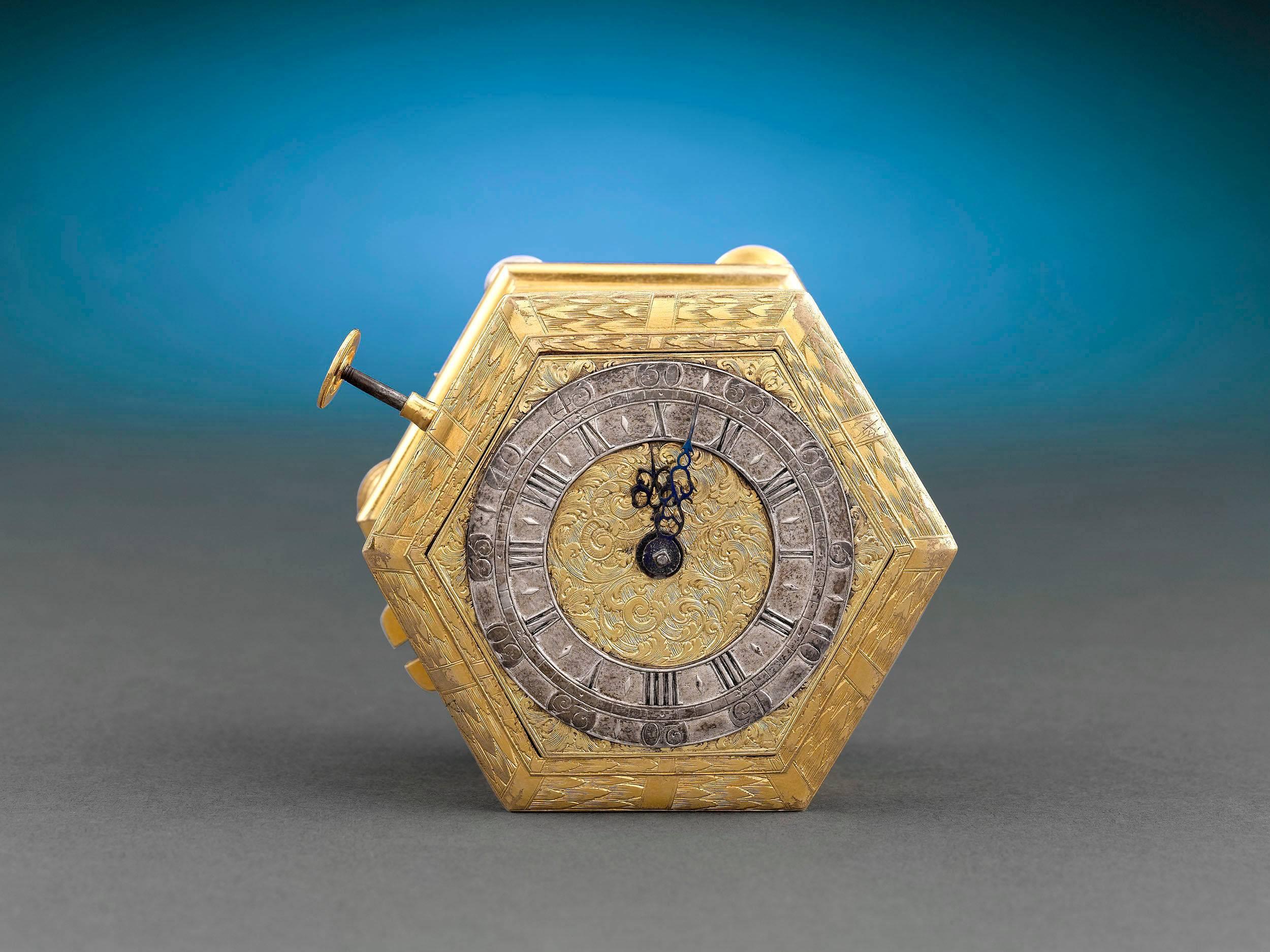 Crafted by Bavarian clockmaker Wilhelm Koeberle, this rare 18th-century table clock is a miniature timekeeping wonder of horological history and design. Domestic German clocks from this time period boast both superb workmanship and the latest in