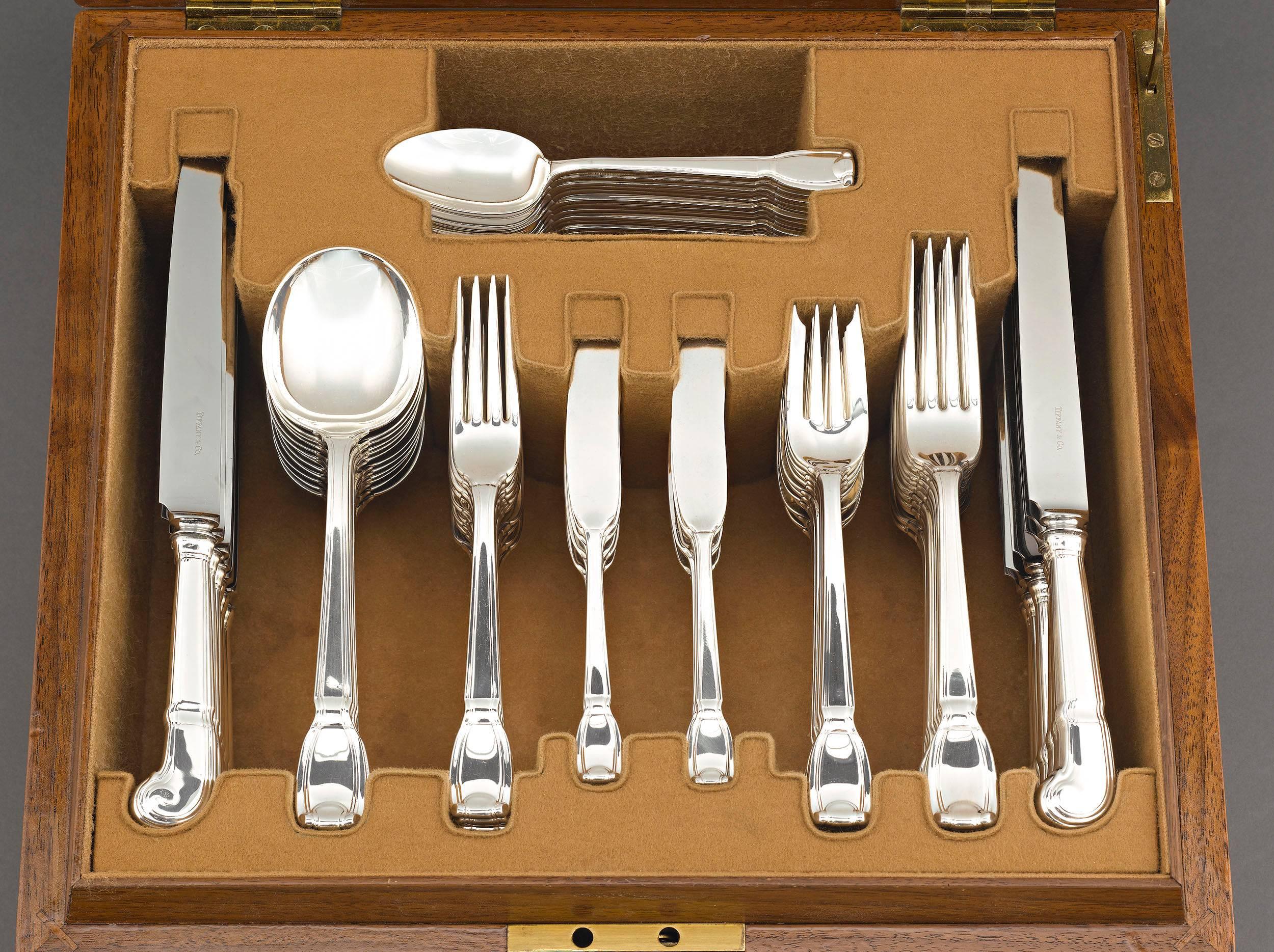 Sleek Art Deco styling distinguishes this exceptional 84-piece Tiffany & Co. silver flatware service. Crafted in the classic Castilian pattern, this service for 12 truly epitomizes the understated sophistication of the Art Deco period. Introduced in