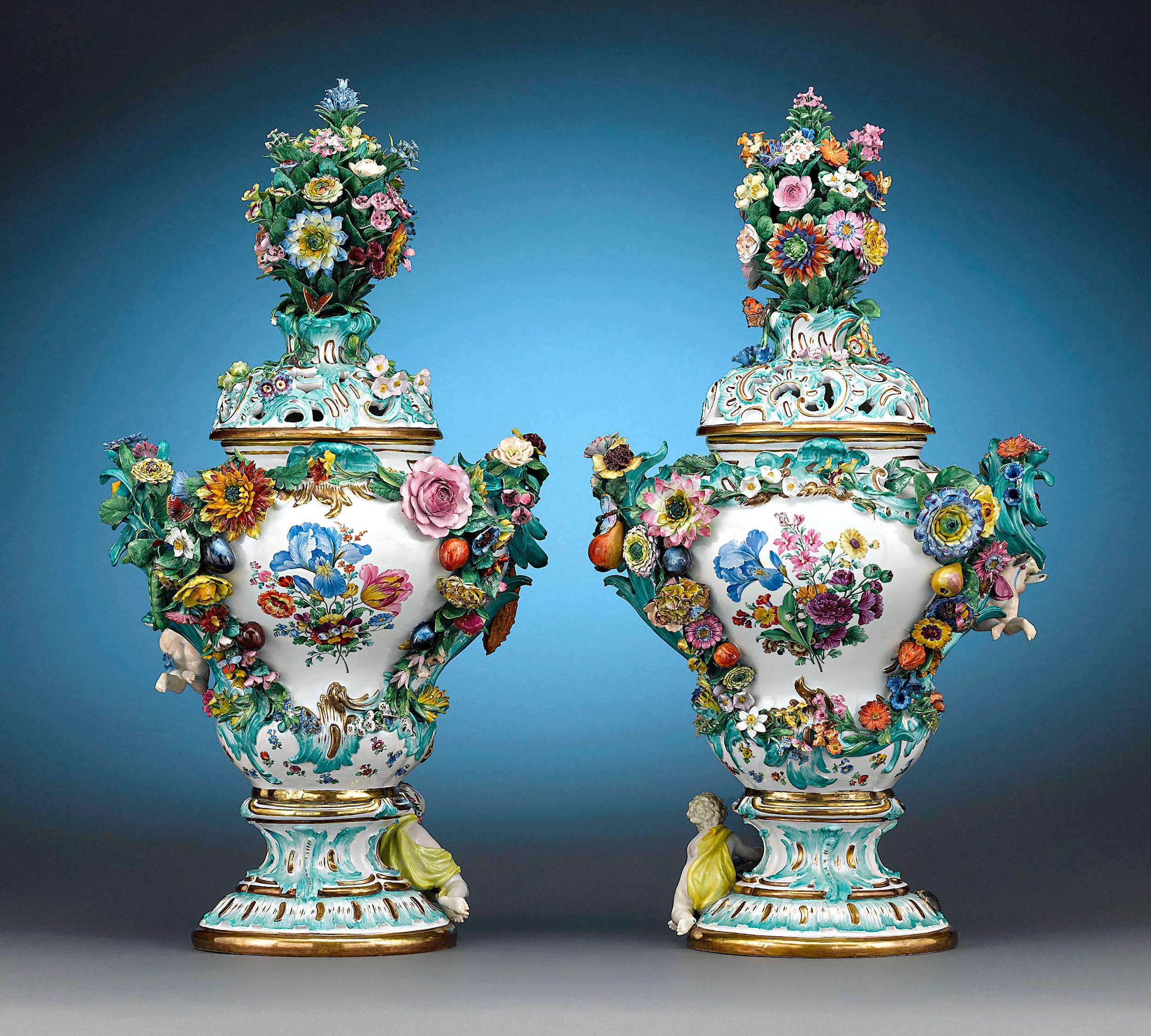 19th Century Pair of Meissen Mayflower Vases