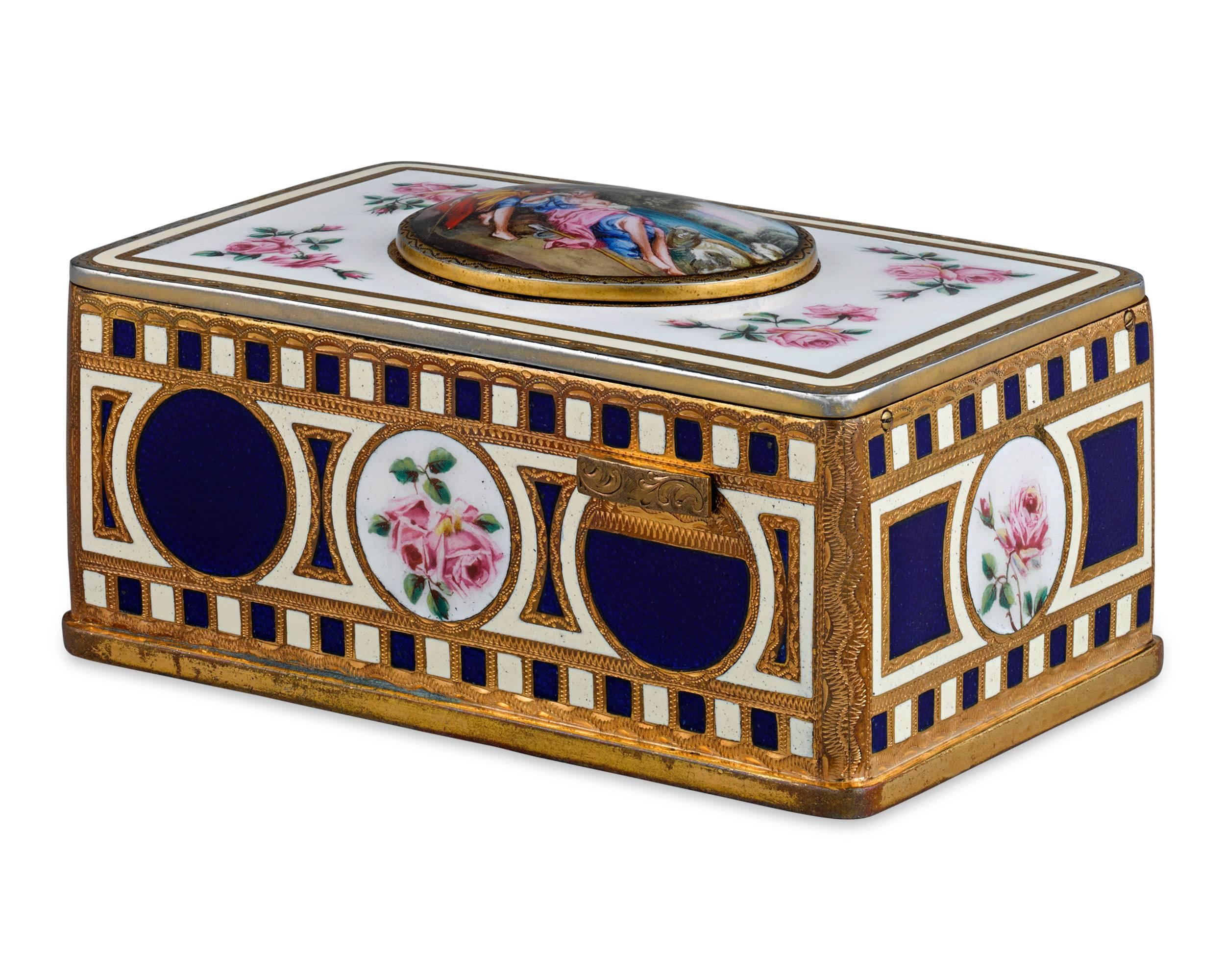 This enchanting German bird box is a work of mechanical wonder, featuring a movement crafted by the renowned Karl Griesbaum. Hand-painted enamel adorns the entire case by Emil Brenk, with delicate rose blooms surrounding a classically-inspired scene
