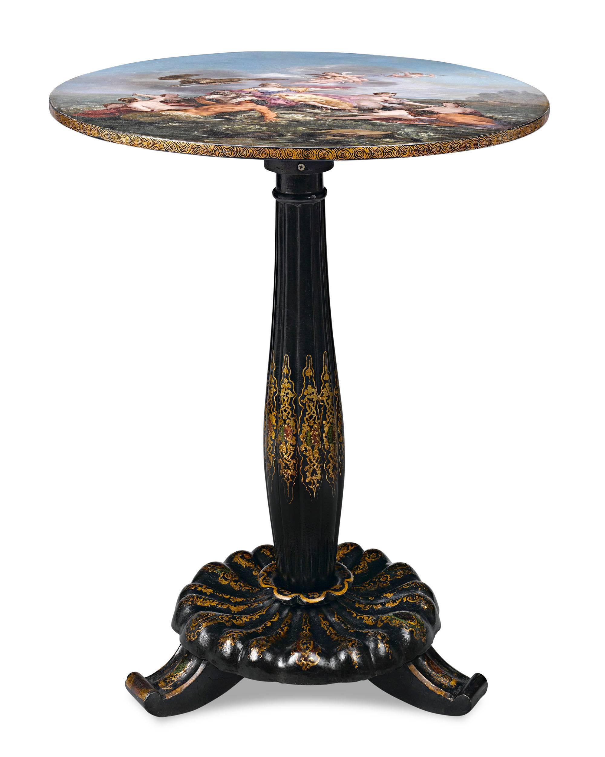 The renowned firm of Jennens and Bettridge created this exceptional tilt-top table featuring a stunning rendition of Jean-Baptiste Marie Pierre's Rococo masterpiece The Rape of Europa upon the surface. Aaron Jennens & T.H. Bettridge (fl. 1815-1864)