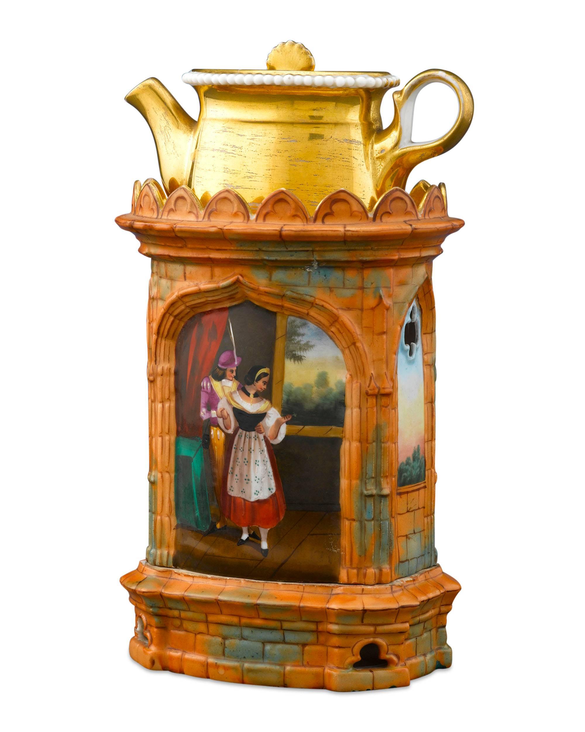 This excellent porcelain veilleuse is crafted in the form of an orange brick Gothic church, with hand-painted scenes, and is comprised of a demitasse teapot on a warming stand, inside which a small candle or oil is lit inside, keeping the tea in the