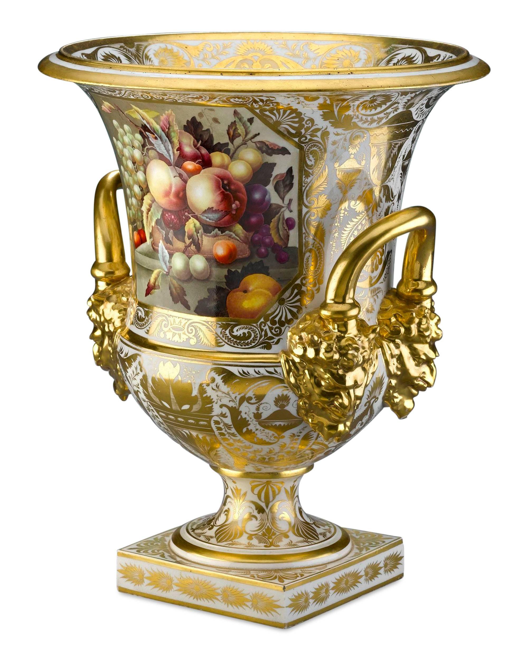 A monumental and stunning Derby Porcelain campana vase beautifully painted by Thomas Steel, one of the most significant and talented Derby artists. Gilded satyr mask handles and elegantly painted fruits and decoration designate this wonderful vase