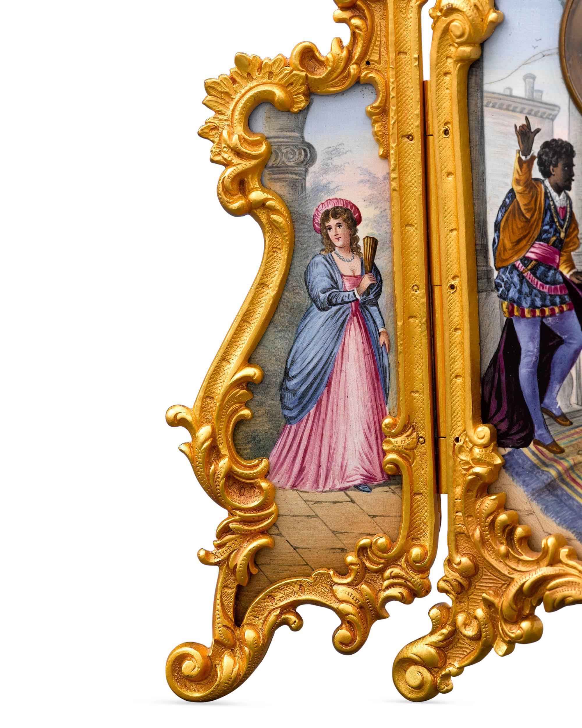 Characters from the famed Shakespearean play Othello are brought to life in this elegant triptych porcelain painting and clock. Othello, the doomed Moor is depicted addressing his bride Desdemona and her father Brabantio beneath an exquisite enamel