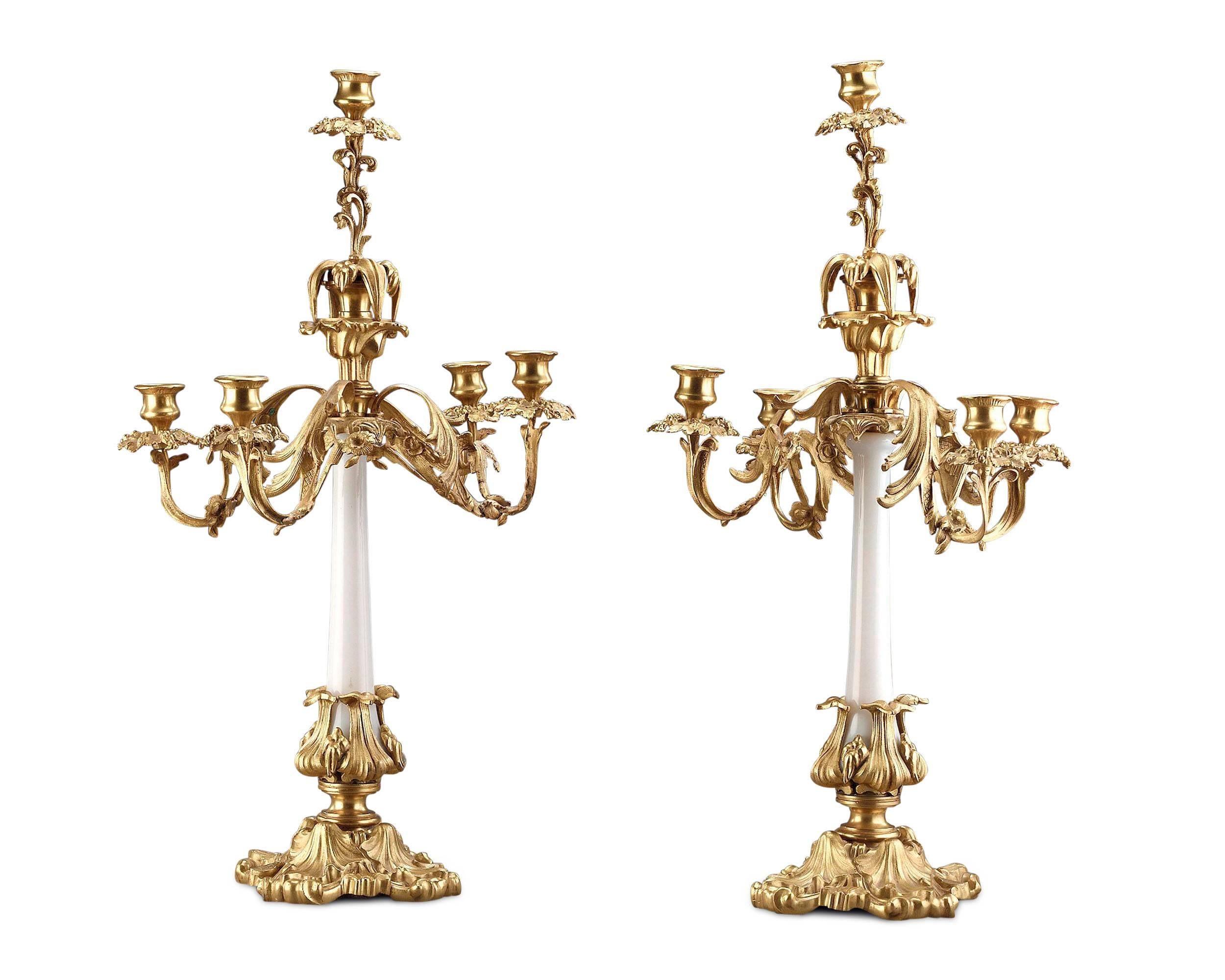 A lovely pair of French opaline glass candelabra beautifully mounted in gilded bronze.

circa 1870.