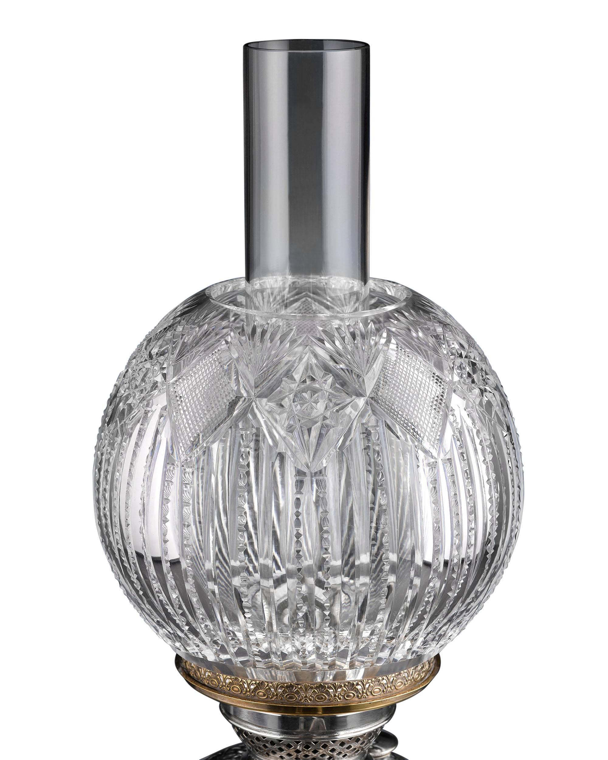 An important American Brilliant period cut-glass "Gone With the Wind" lamp. Only a handful of these extraordinary lamps were created due to the enormous expense involved in creating the various components. This lovely lamp retains its