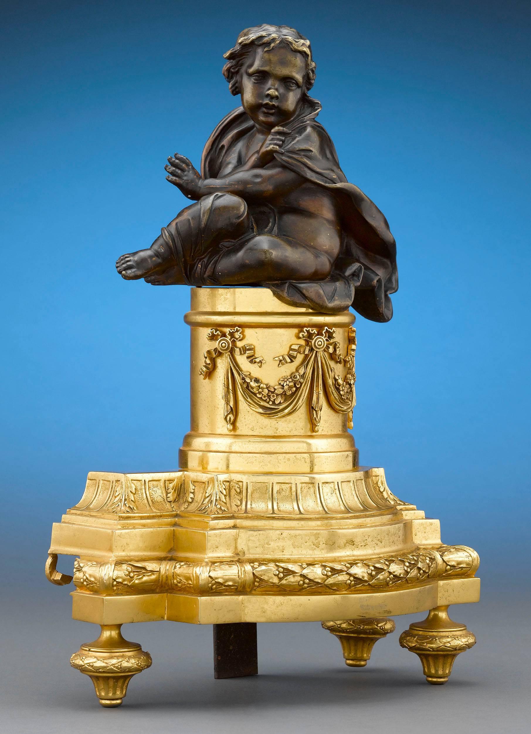 French Louis XVI-Style Bronze Chenets In Excellent Condition For Sale In New Orleans, LA