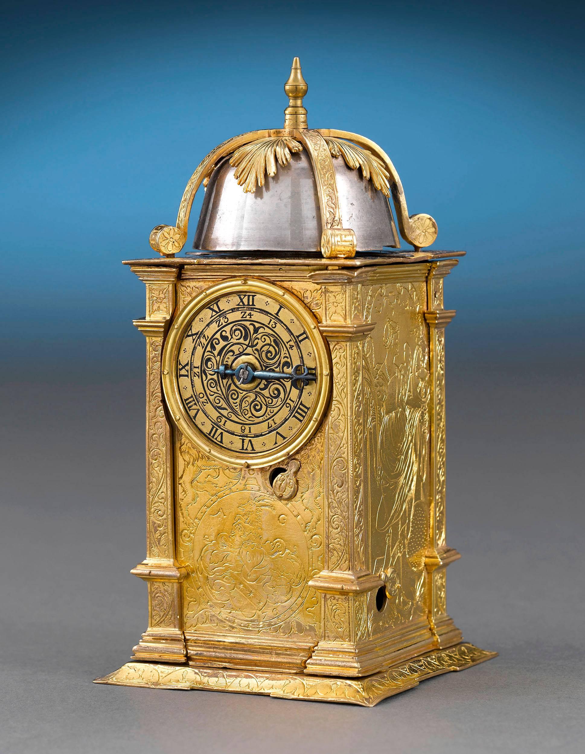 This immensely rare Renaissance turret clock or table clock, was considered both a scientific marvel and an item of luxury during the period. This incredible piece is encased in fire gilt brass crafted to expresses Renaissance exuberance and