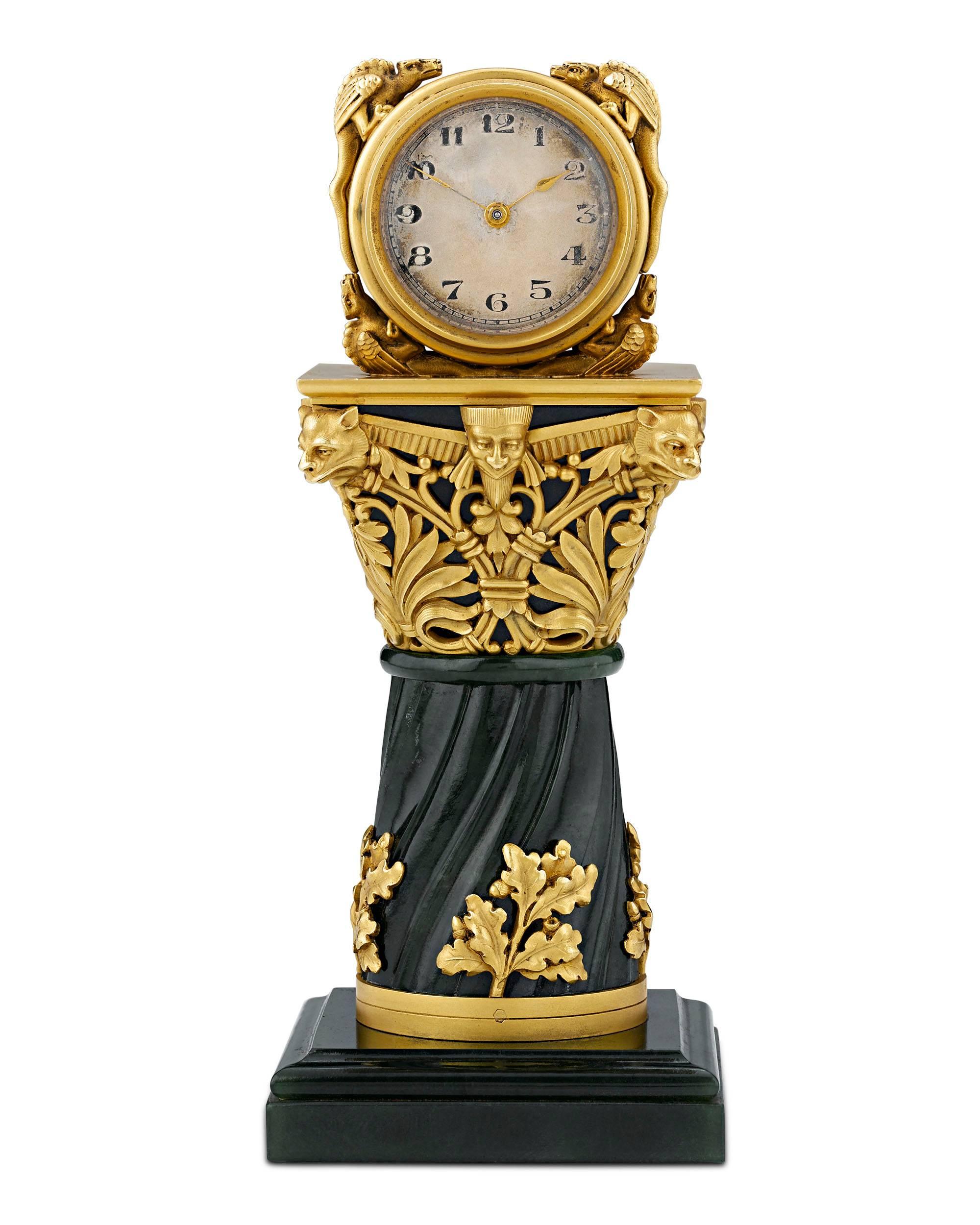 An exceptionally rare objet d'art, this opulent and incredibly rare French miniature clock is crafted of solid 18-karat gold and jade. Crafted by Parisian jeweler Paul Frey and retailed by Gompers, this handcrafted masterpiece is exemplary of the