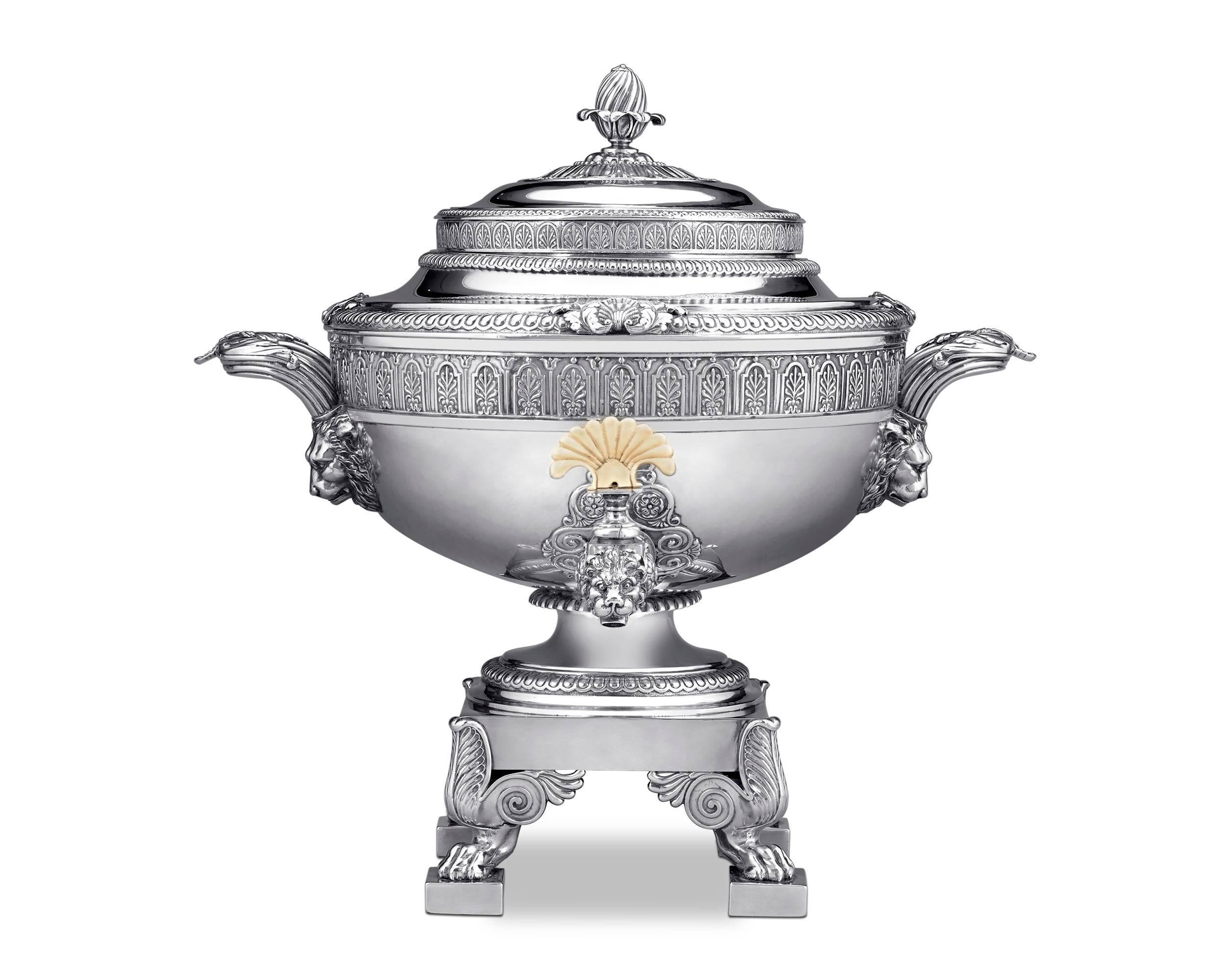 This extraordinarily rare and masterfully crafted tea urn is by the hand of the master Georgian silversmith Paul Storr. Created by Storr while working for Rundell, Bridge and Rundell, Jewelers and Goldsmiths to the King, this magnificent piece truly