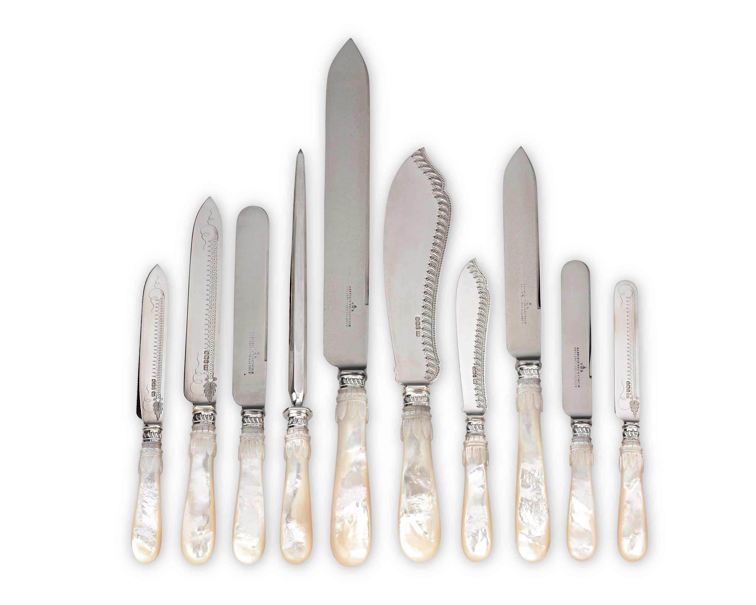 Engraved Silver and Mother-of-Pearl Flatware Service