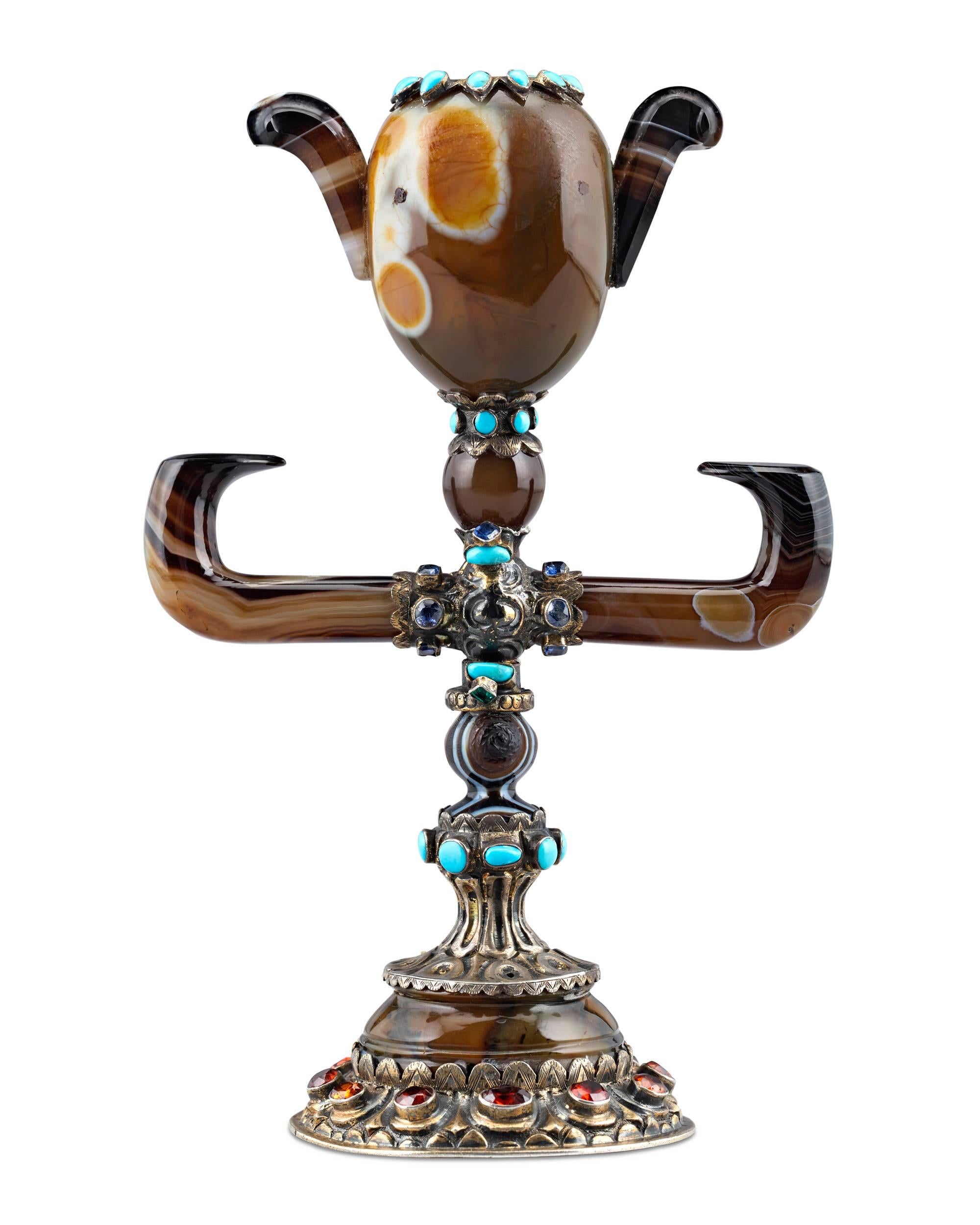 Austrian Viennese Agate and Jeweled Asian TOTEM Vase
