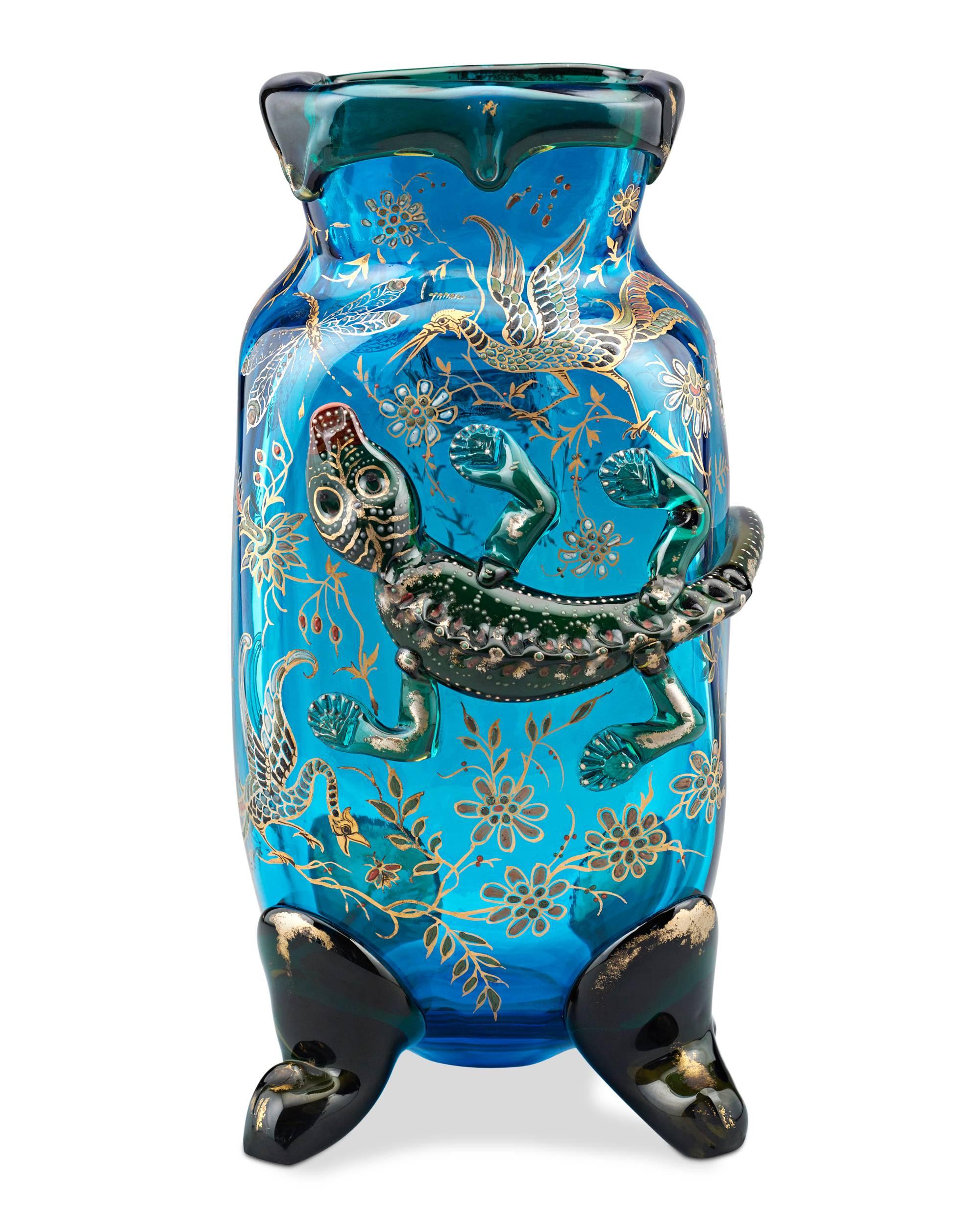 Displaying grand size and innovative artistry is this original pair of Japonesque salamander vases attributed to Parisian glass artist Auguste Jean. Rarities in Jean's oeuvre, these fascinating vases measure over a foot in height and are perfect