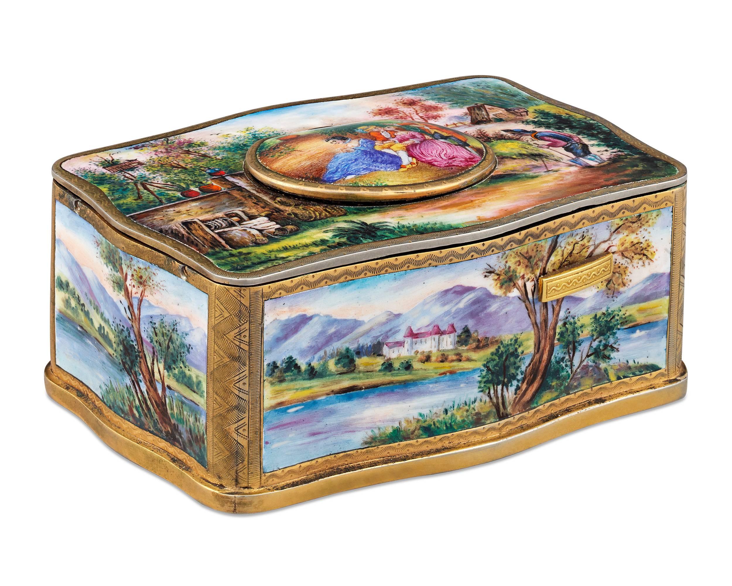 The mechanism of this enchanting German singing bird box is attributed to the renowned Karl Griesbaum. Hand-painted enamel by Emil Brenk adorns the entire case, featuring exquisitely executed romantic and pastoral scenes. Concealed inside the box is