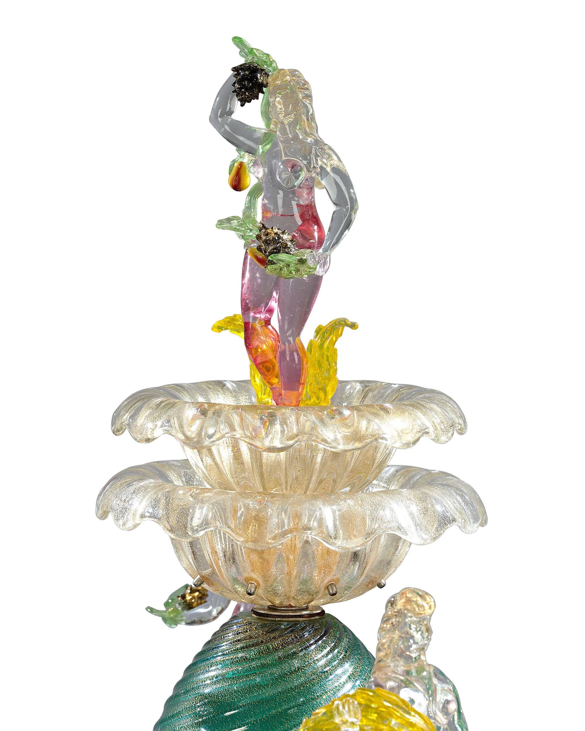 An unquestionable masterpiece of Venetian glass artistry, this incredible glass fountain is the rarest and most fascinating form of Murano glass ever created. Masterpieces requiring tremendous skill, these fountains were typically only made for