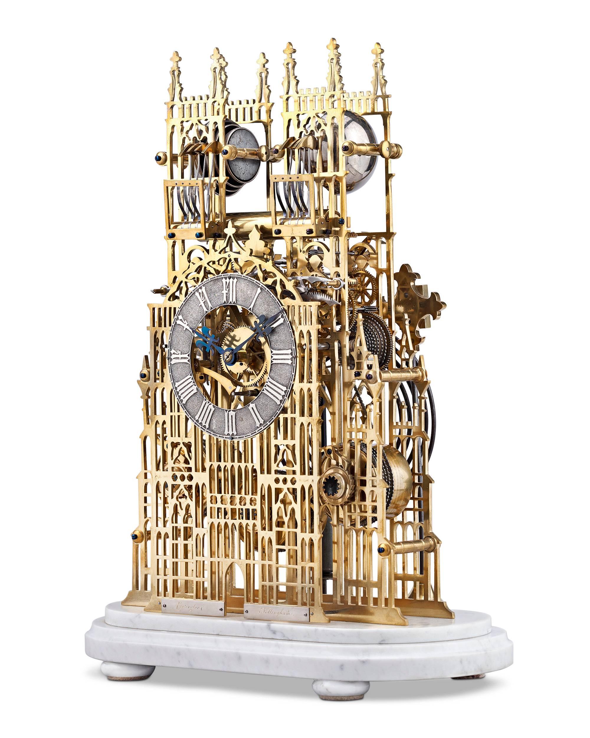 A majestic representation of Westminster Abbey, this rare architectural skeleton clock of exceptional workmanship is attributed to Evans of Handsworth, Birmingham. The maker is known as one of the first creators of architectural skeleton clocks,