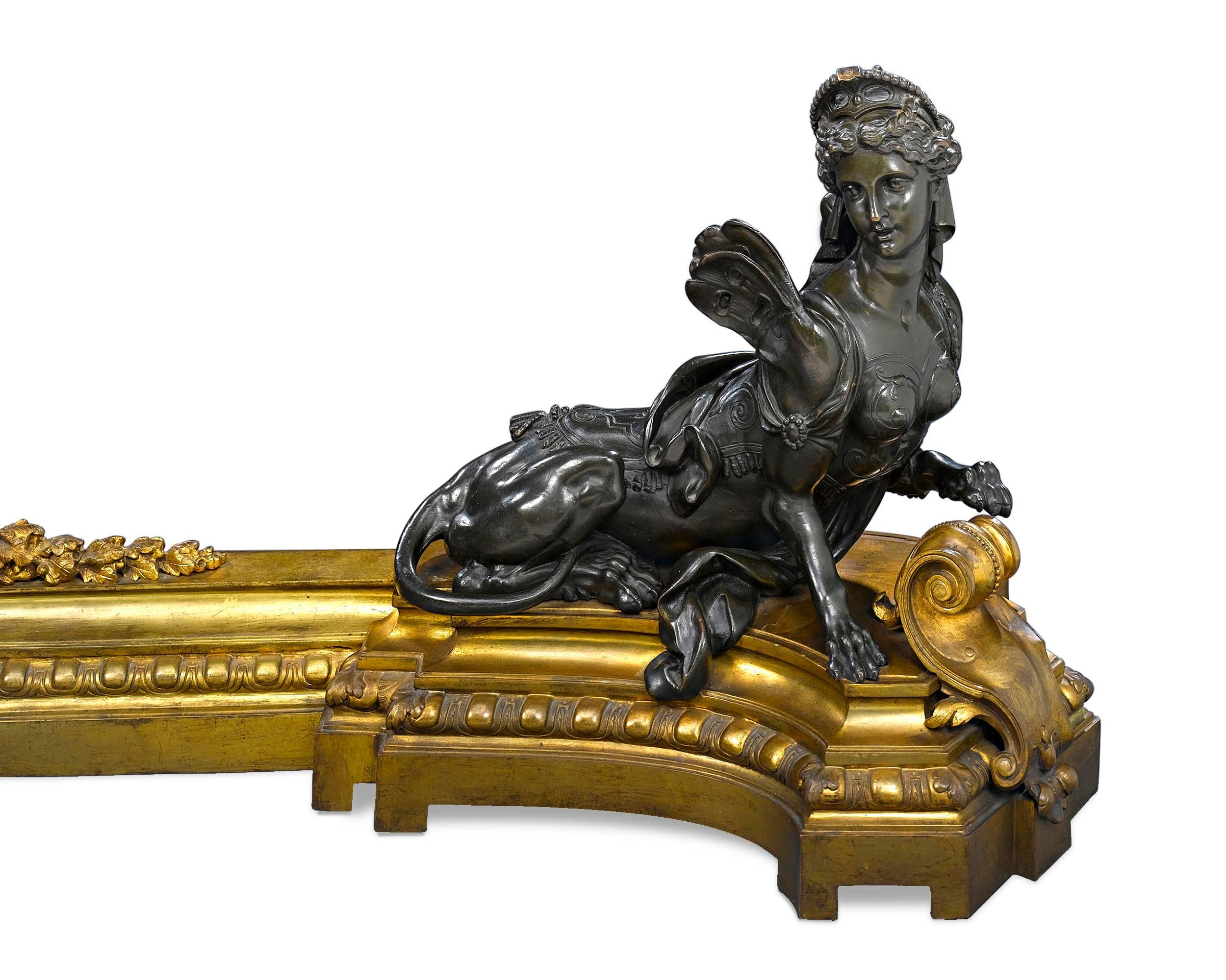 Neoclassical French Ormolu and Bronze Chenets and Fender
