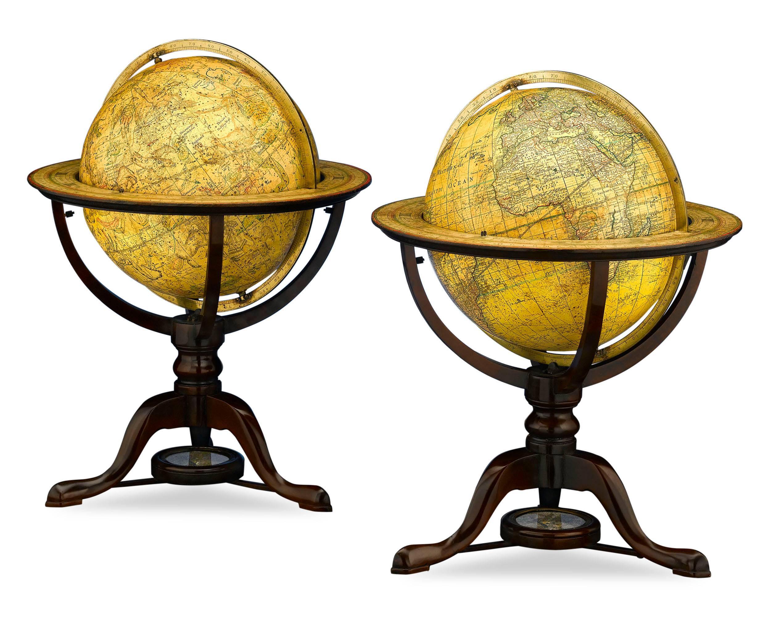 A fine pair of George III-period, 12-inch celestial and terrestrial globes by Dudley Adams, son of the noted George Adams of London. Each bears the hallmarks of advanced mathematical and cartographic notations of the day for which the Adams firm was