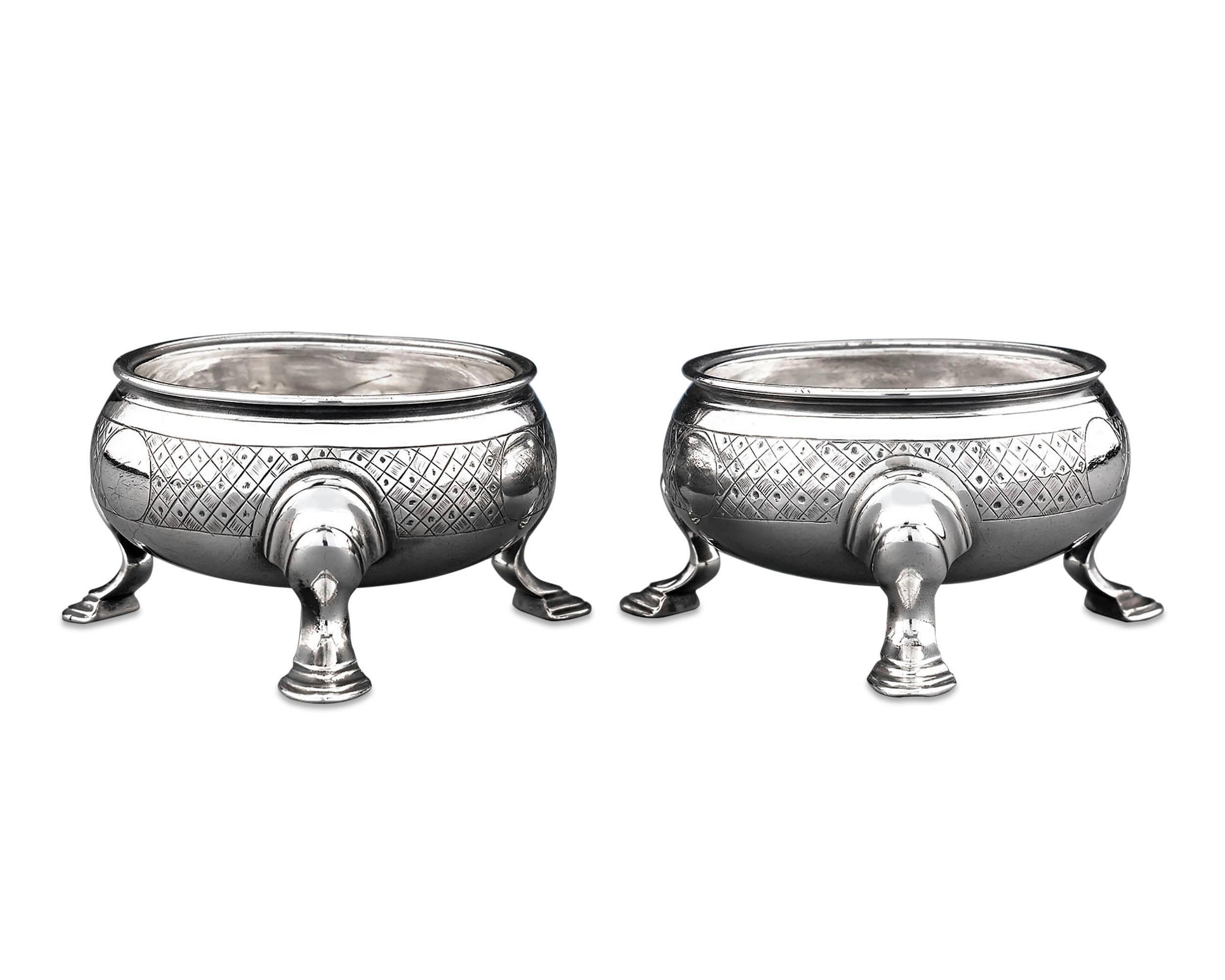 These exceptional George I-period silver salts stand as a testament to Paul de Lamerie's prodigious talent and celebrated eye for sophistication. The works of master silversmith Paul de Lamerie have been widely admired for their beauty and